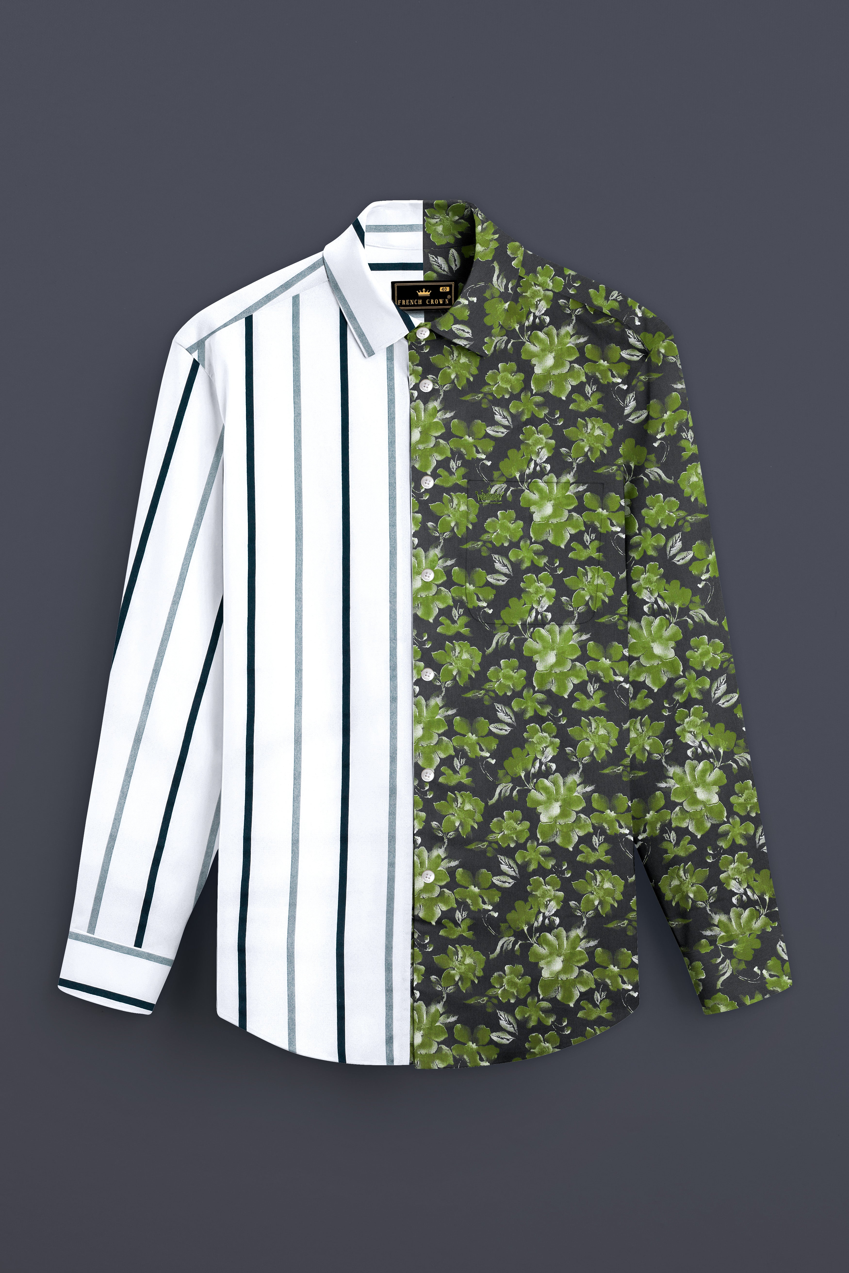 Half White-Striped With Half Clay Creek Green-Floral Printed Premium Cotton Designer Shirt