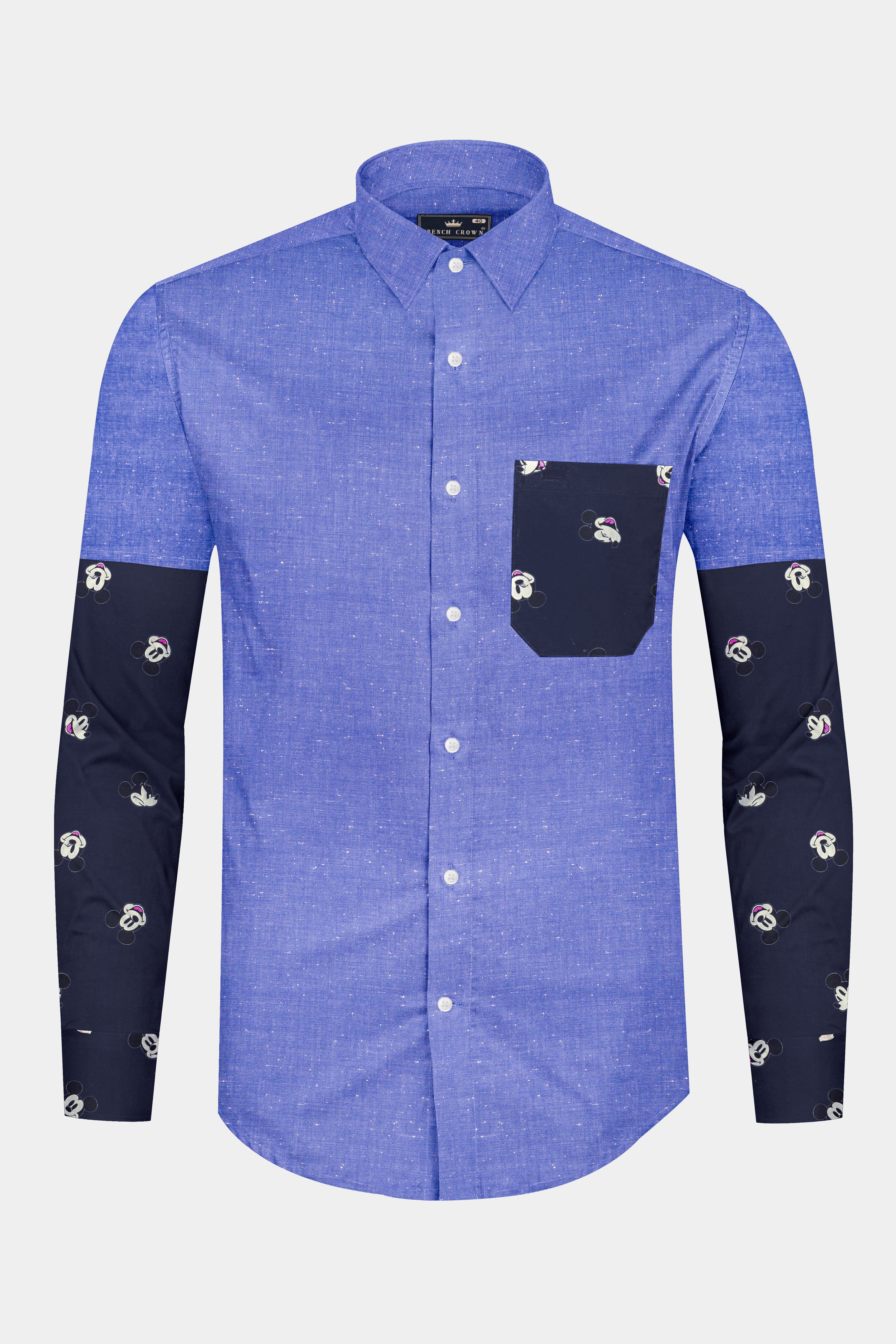 Dark Pastel Blue With Mickey Mouse Chambray Textured Premium Cotton Designer Shirt