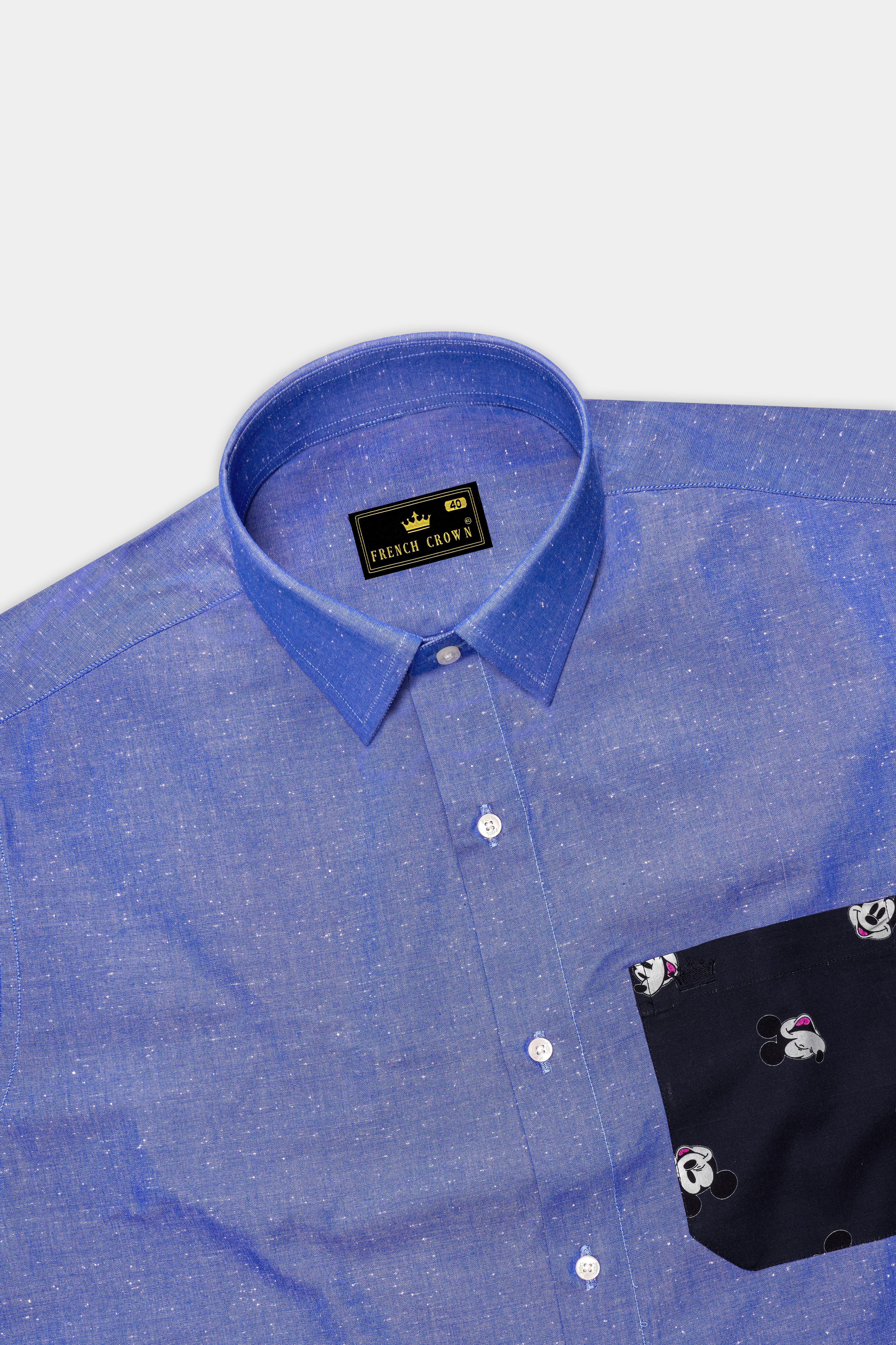 Dark Pastel Blue With Mickey Mouse Chambray Textured Premium Cotton Designer Shirt
