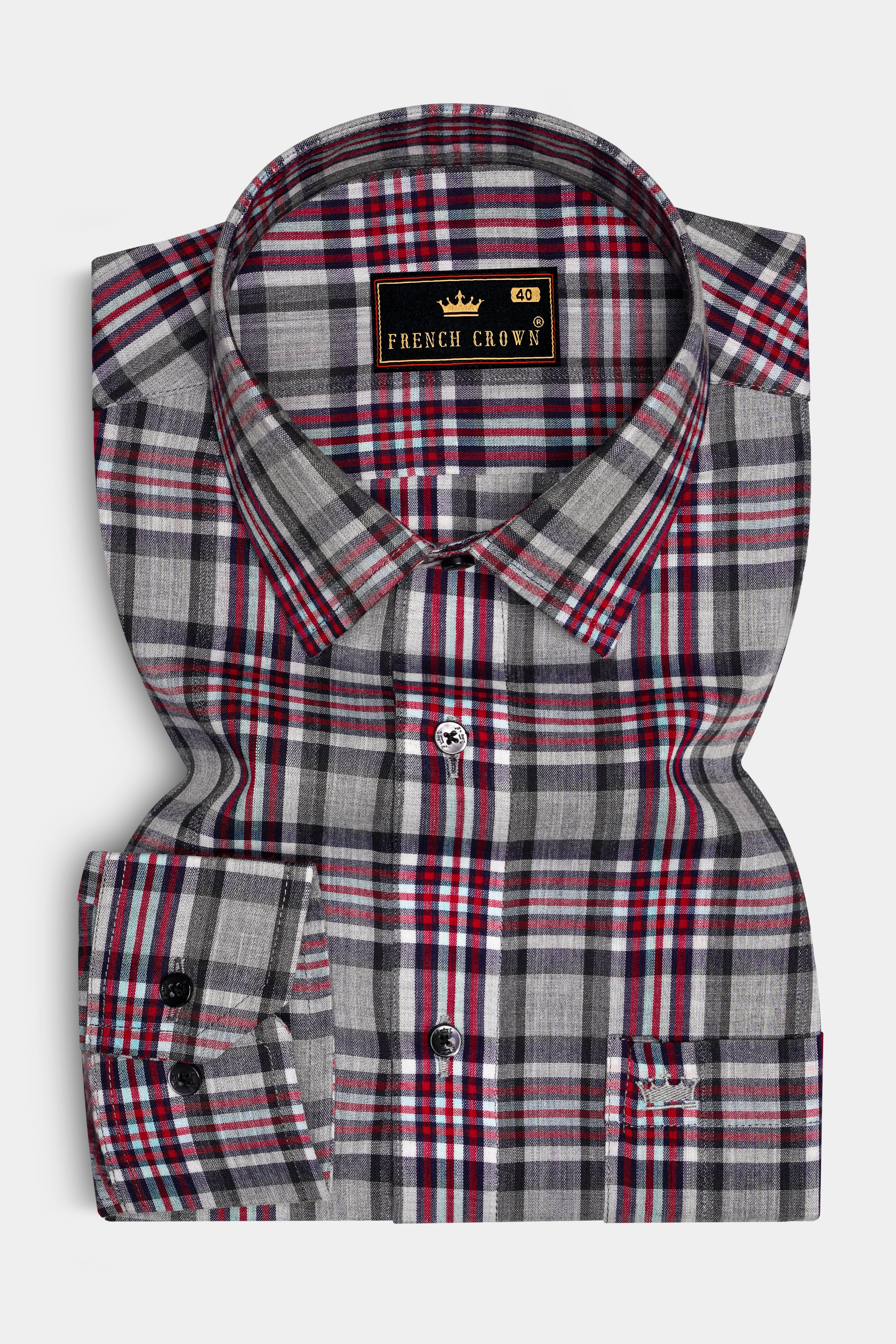 Pale Slate Gray with Tabasco Red Plaid Chambray Premium Cotton Shirt