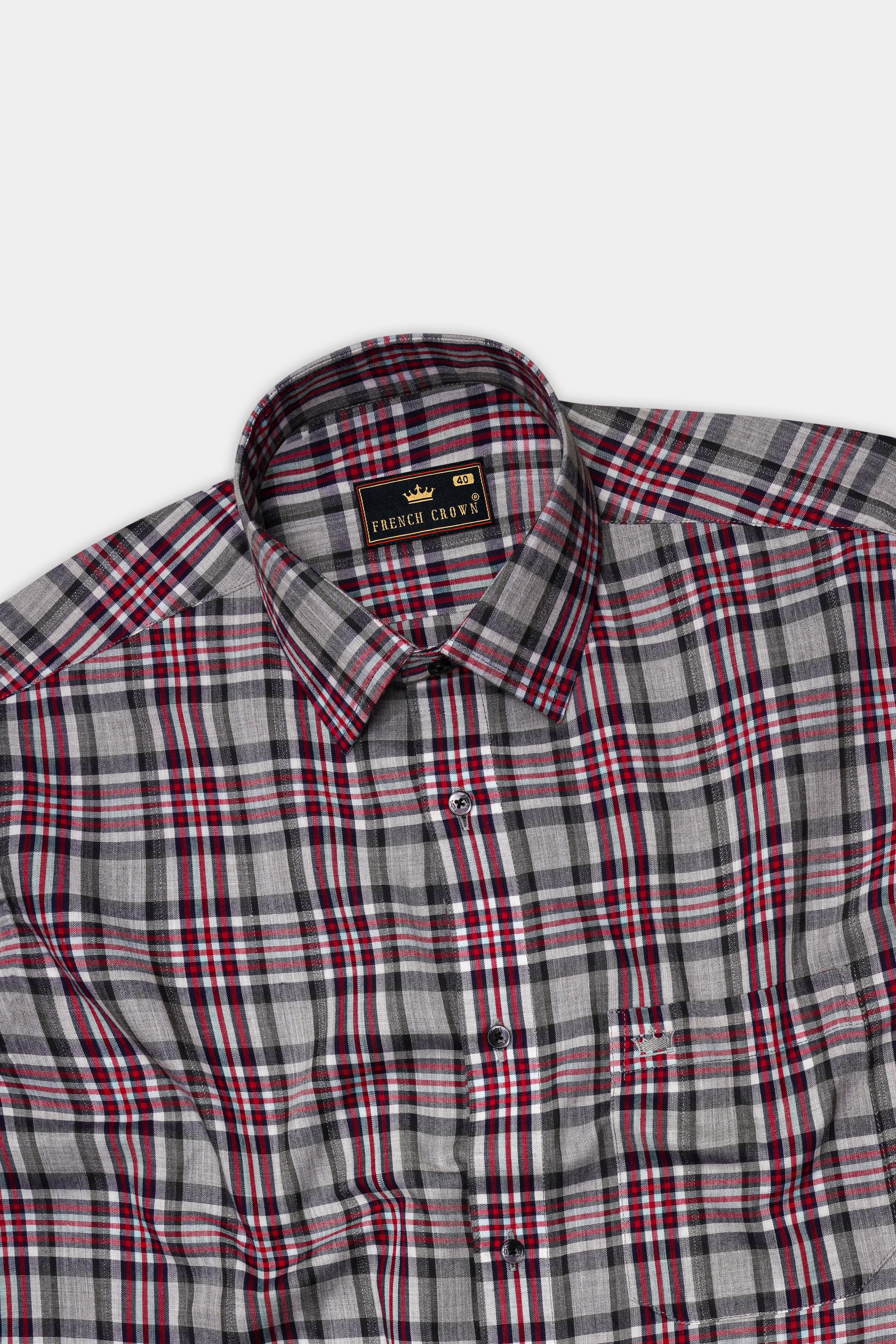 Pale Slate Gray with Tabasco Red Plaid Chambray Premium Cotton Shirt