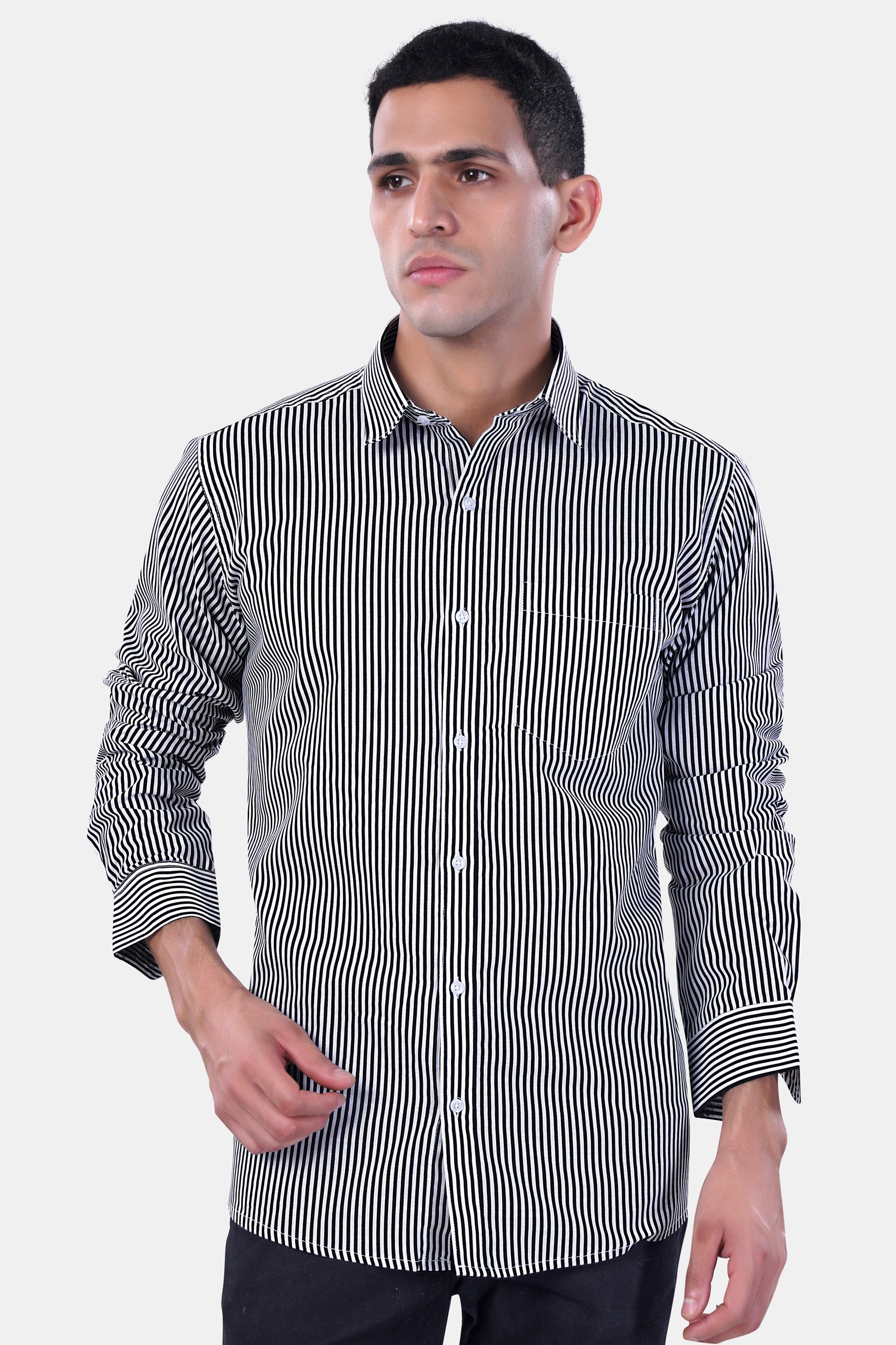 7swords-Bright White and Black Striped Premium Cotton Shirt