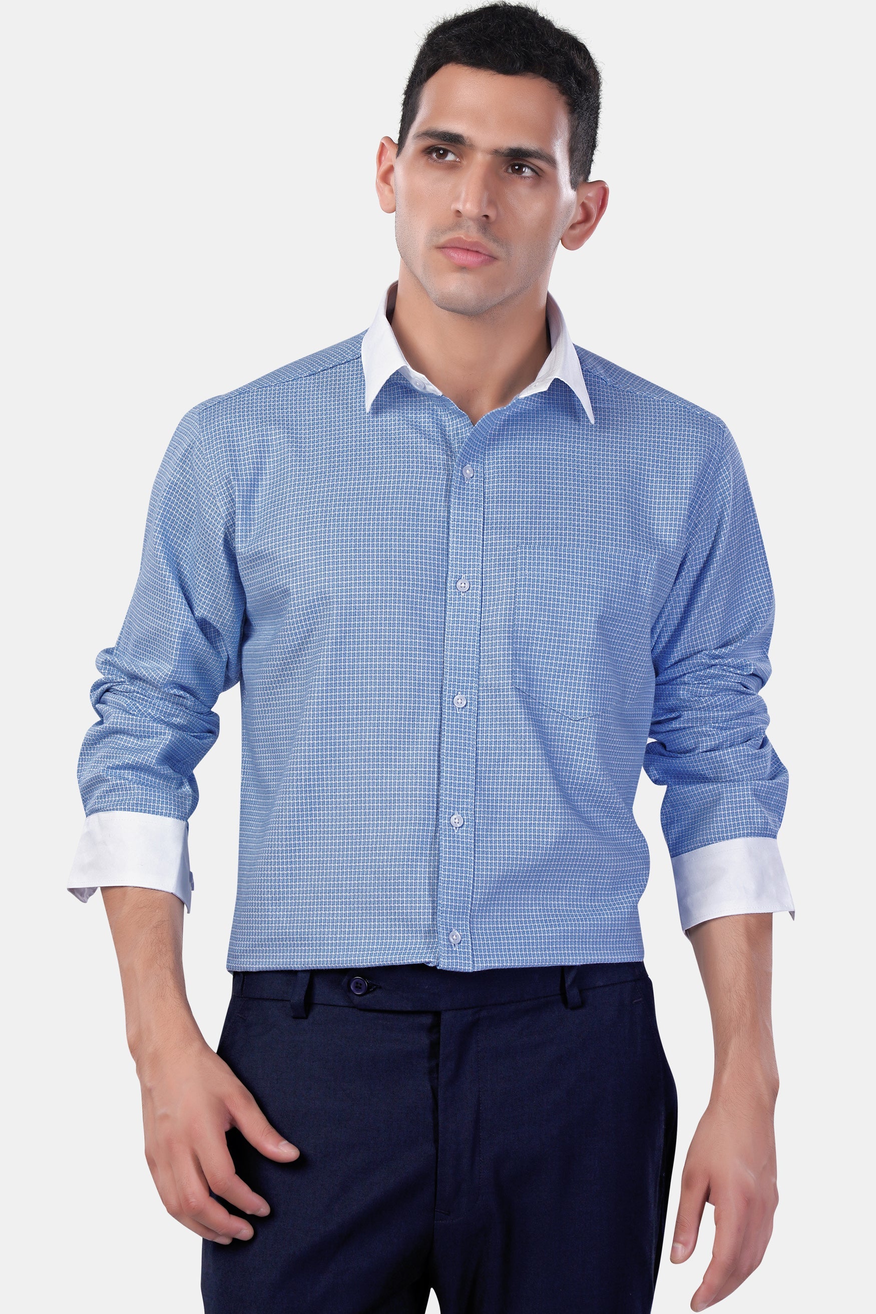 7swords-Koi Blue Checkered with White Cuffs and Collar Premium Cotton Shirt