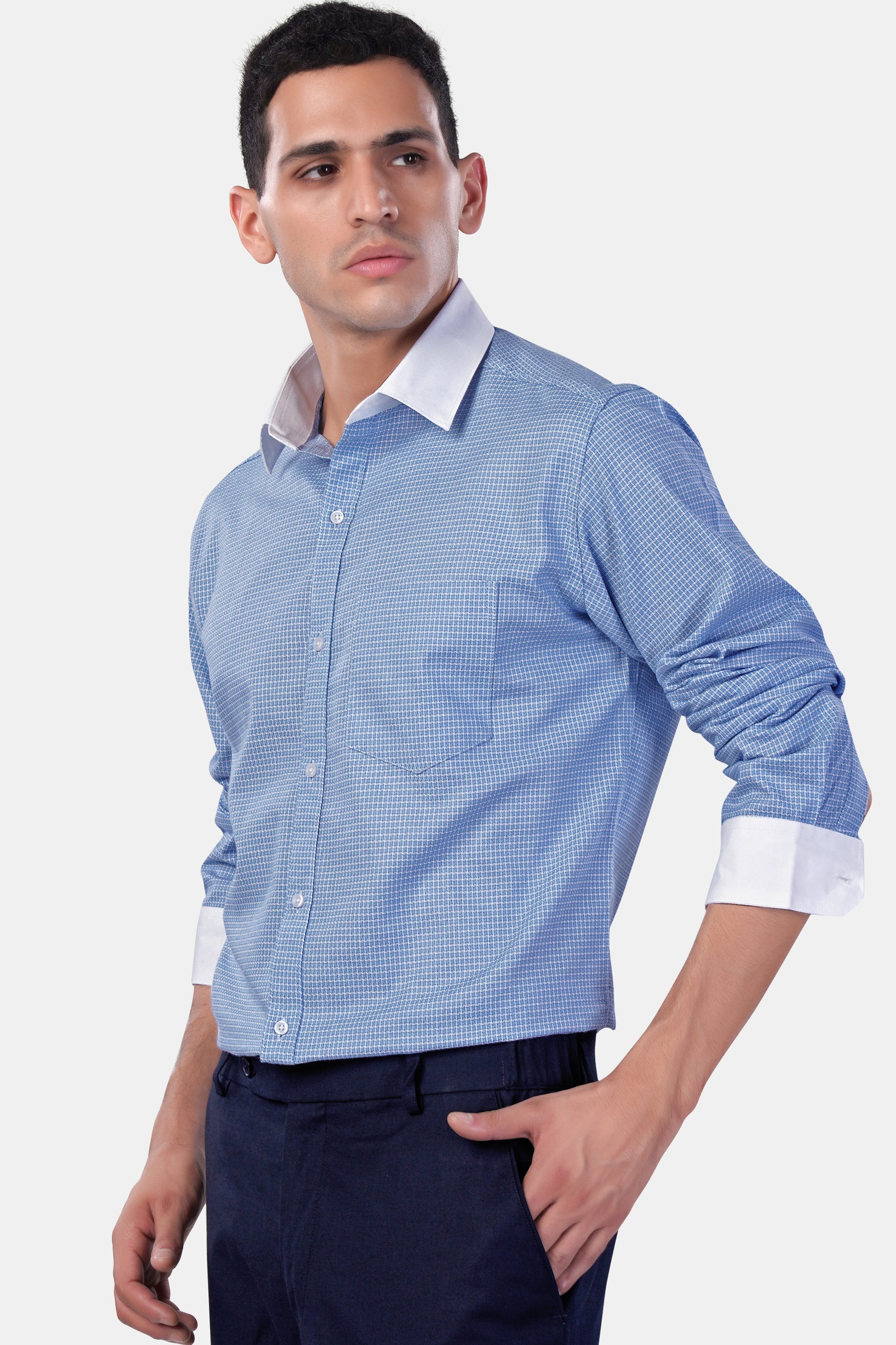 7swords-Koi Blue Checkered with White Cuffs and Collar Premium Cotton Shirt