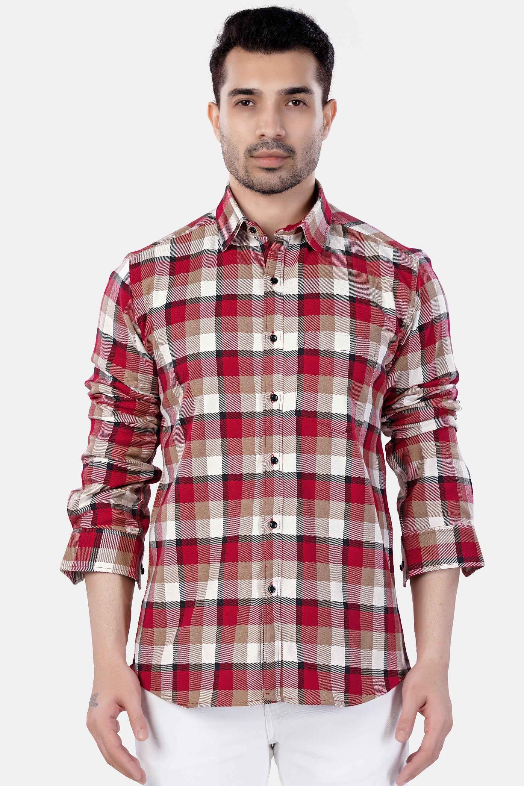 7swords-Carmine Red with Beaver Brown and White Plaid Premium Cotton Shirt