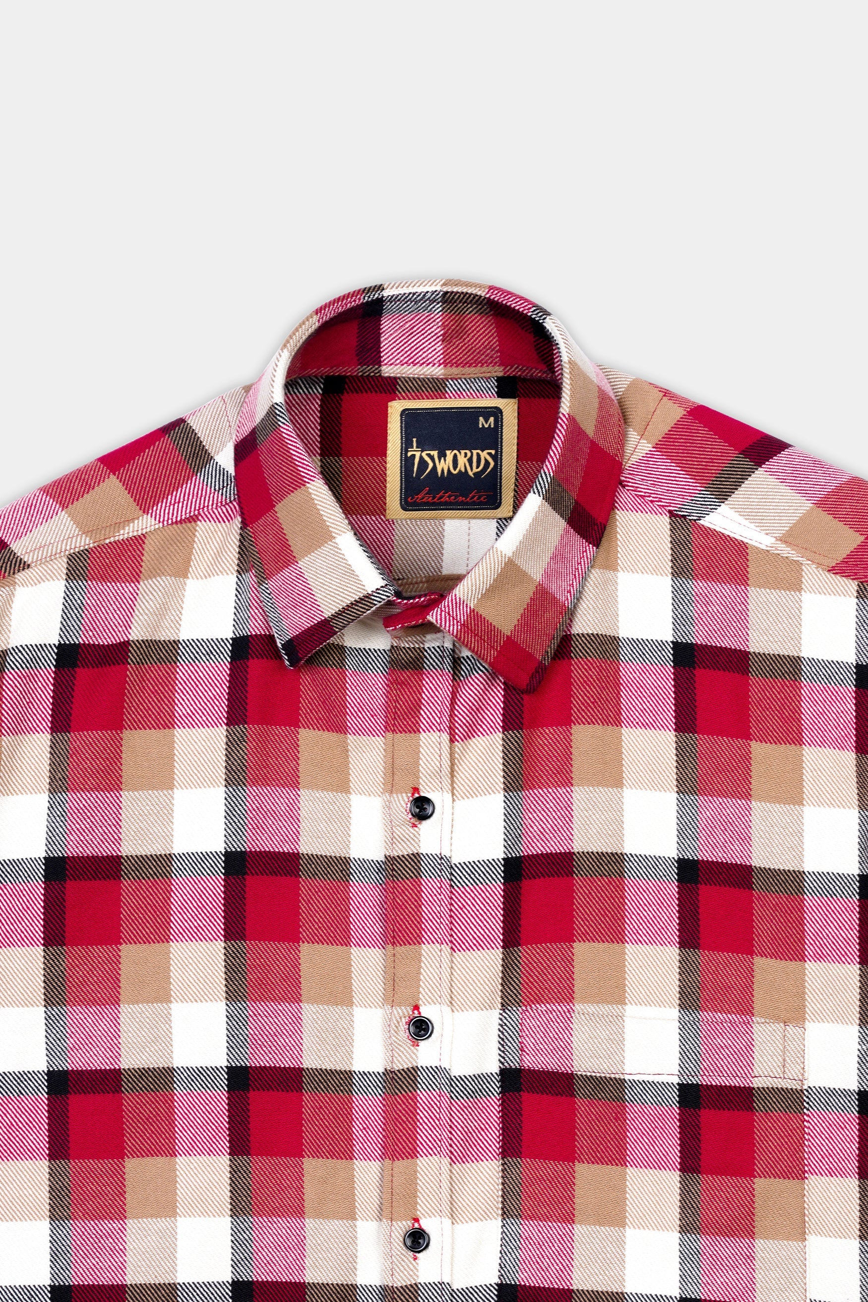 7swords-Carmine Red with Beaver Brown and White Plaid Premium Cotton Shirt