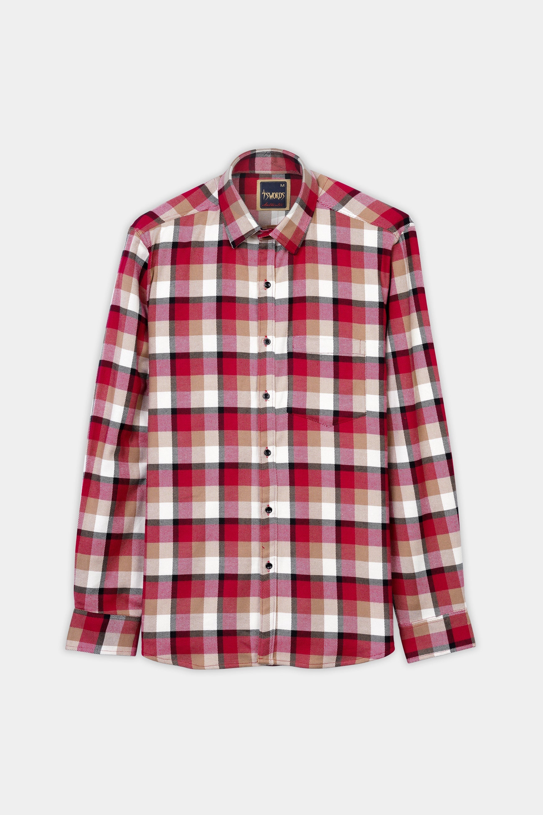 7swords-Carmine Red with Beaver Brown and White Plaid Premium Cotton Shirt