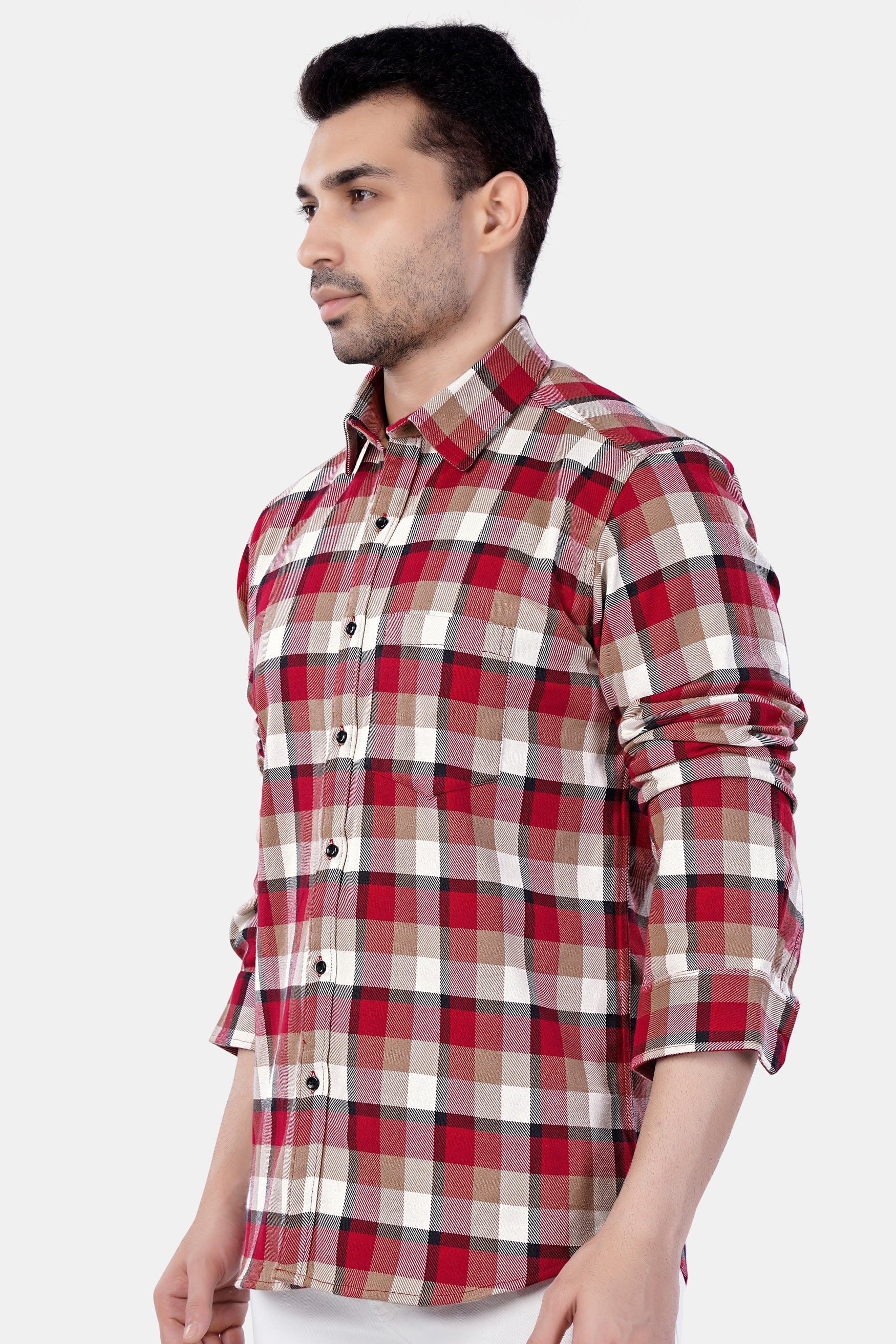 7swords-Carmine Red with Beaver Brown and White Plaid Premium Cotton Shirt