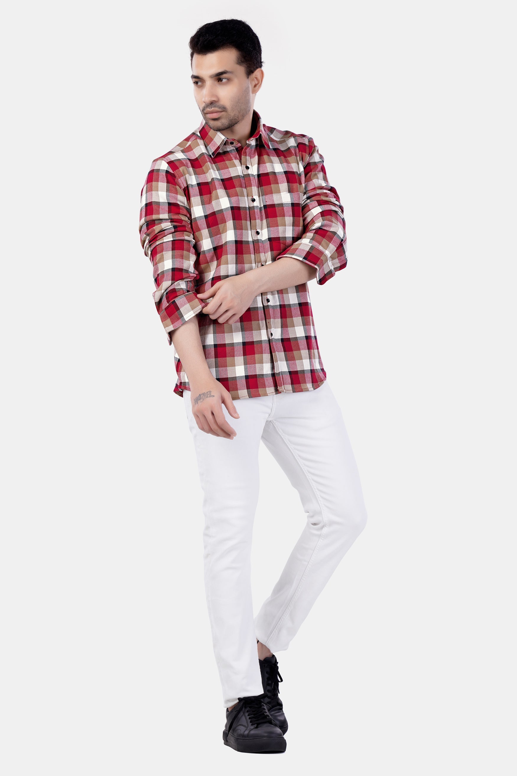 7swords-Carmine Red with Beaver Brown and White Plaid Premium Cotton Shirt