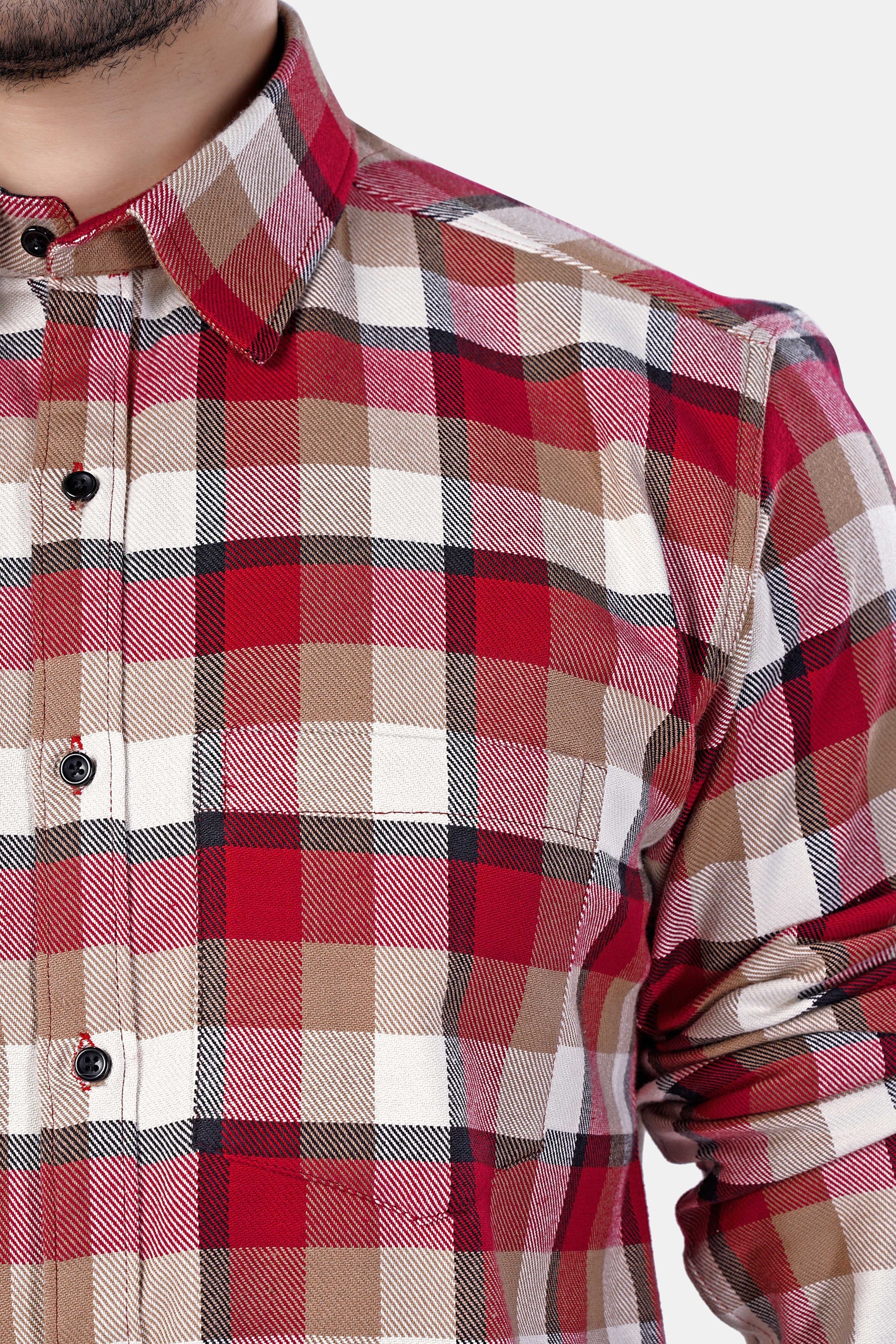 7swords-Carmine Red with Beaver Brown and White Plaid Premium Cotton Shirt