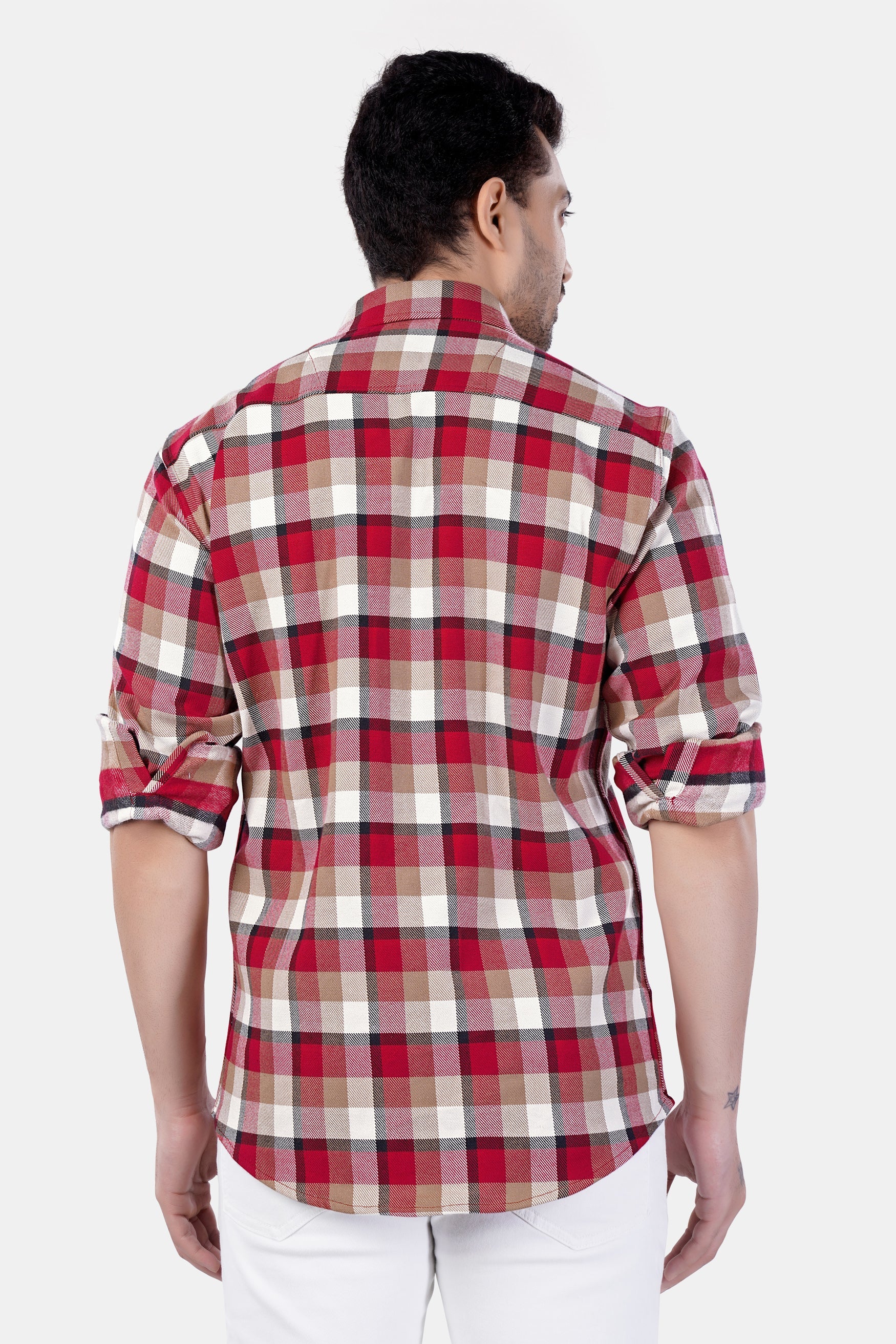 7swords-Carmine Red with Beaver Brown and White Plaid Premium Cotton Shirt