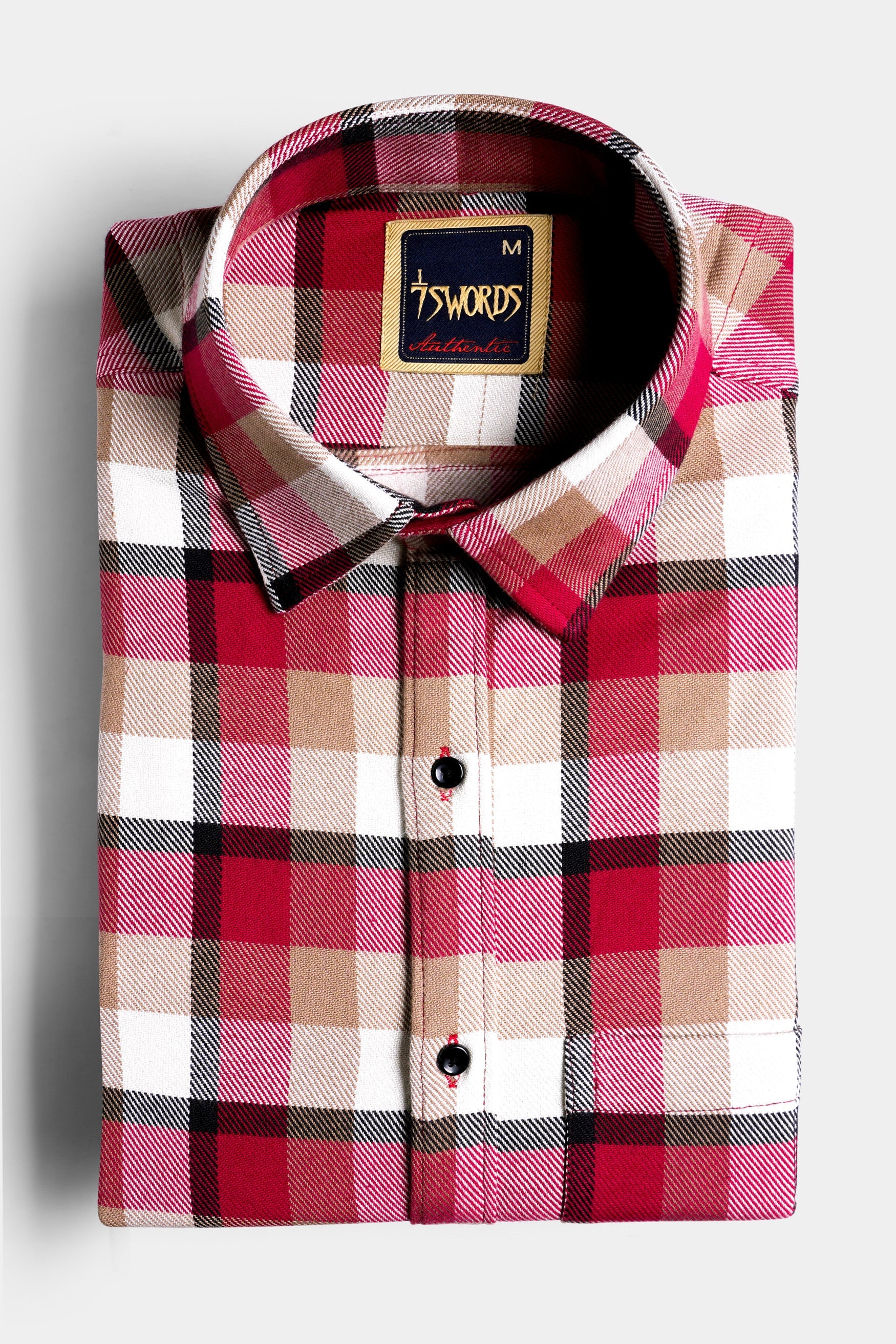 7swords-Carmine Red with Beaver Brown and White Plaid Premium Cotton Shirt