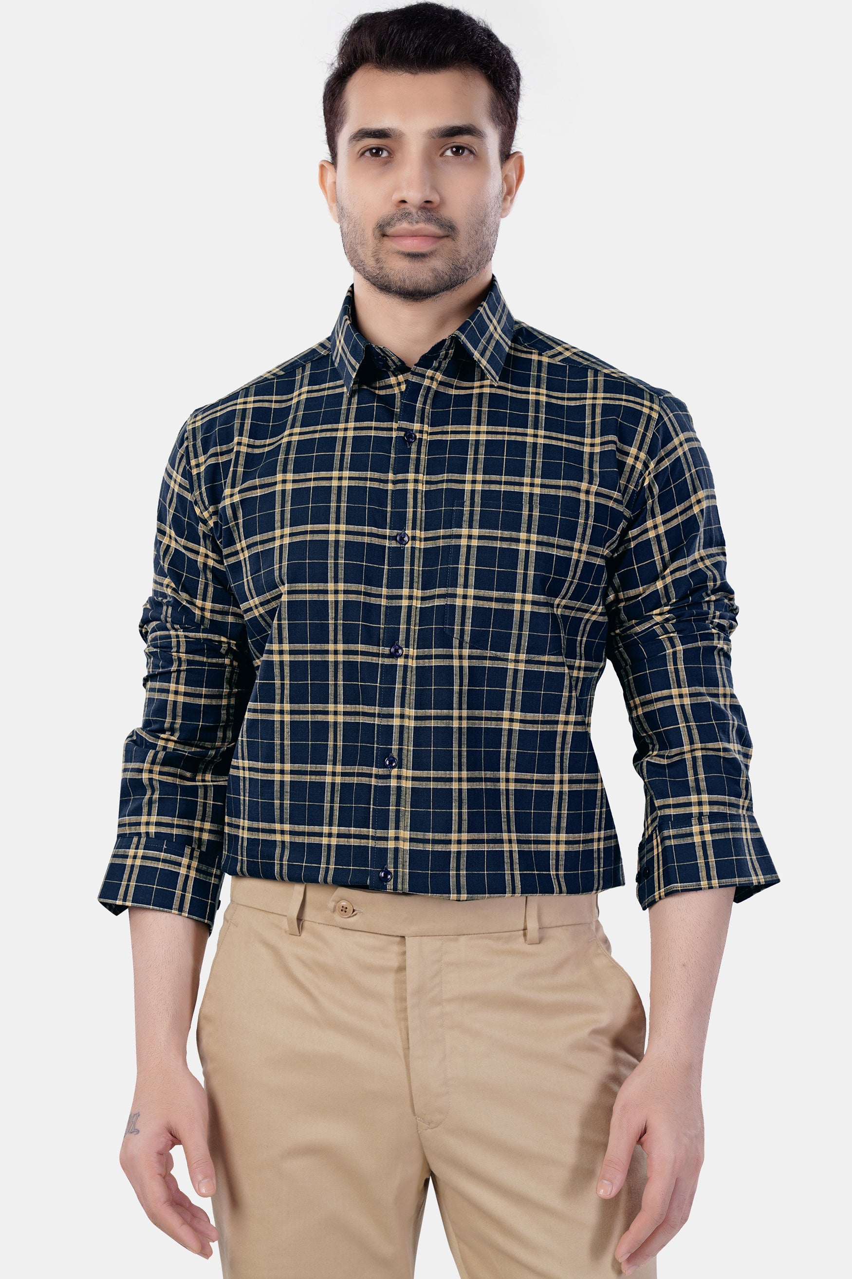 7swords-Firefly Blue and Fawn Brown Plaid Premium Cotton Shirt