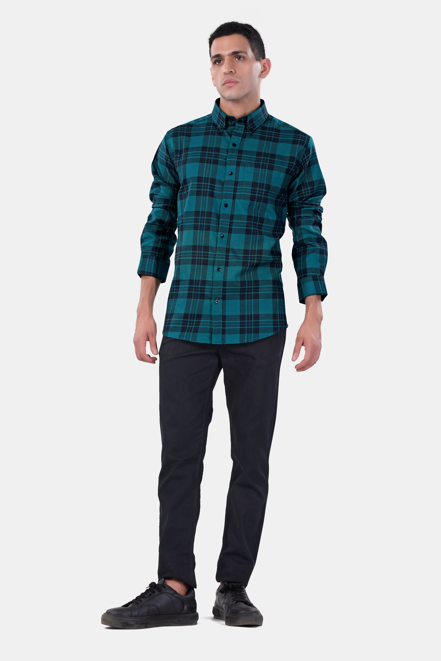 7swords-Teal Blue and Haiti Blue Plaid Premium Cotton Button Down Shirt