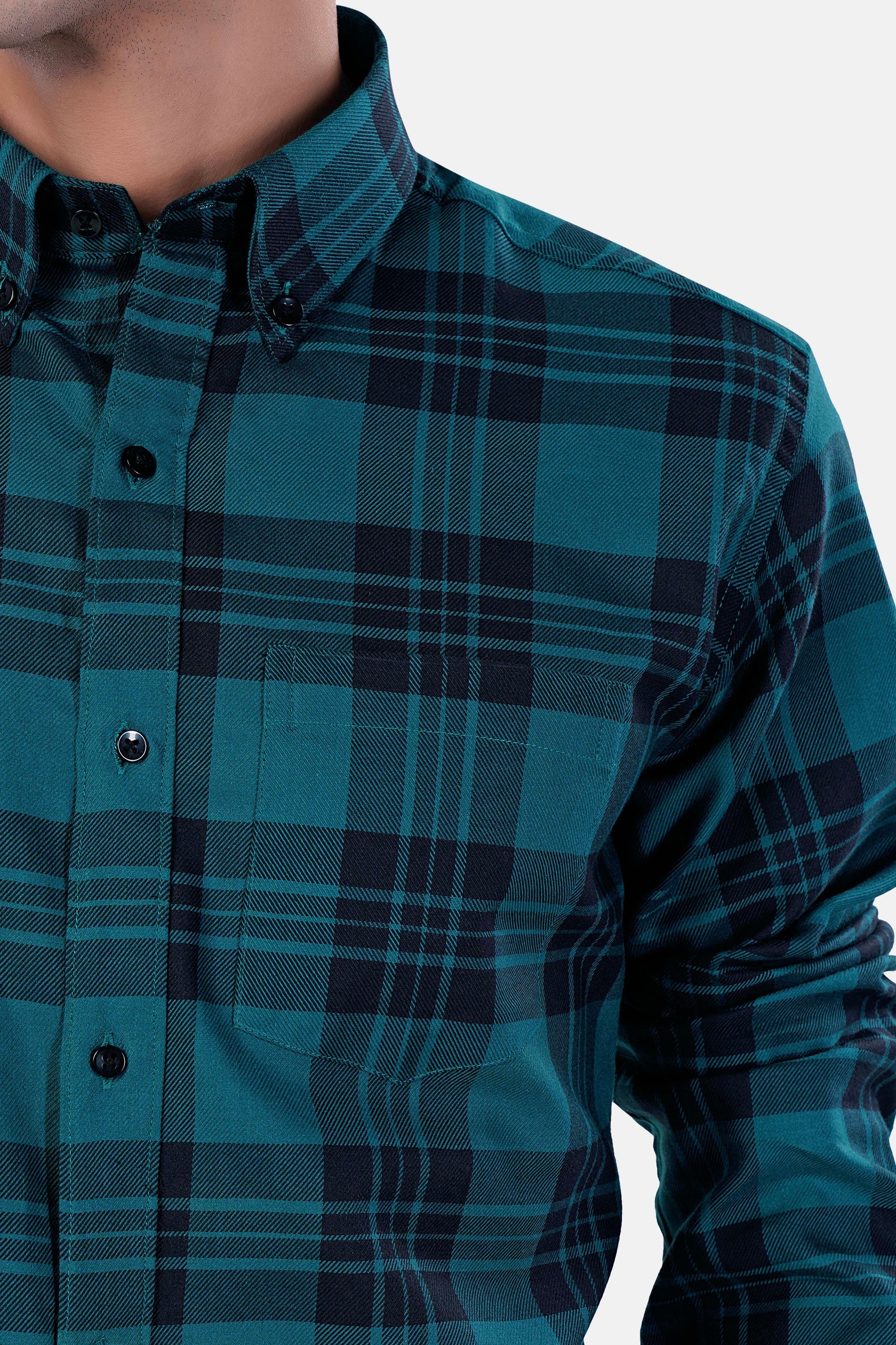 7swords-Teal Blue and Haiti Blue Plaid Premium Cotton Button Down Shirt