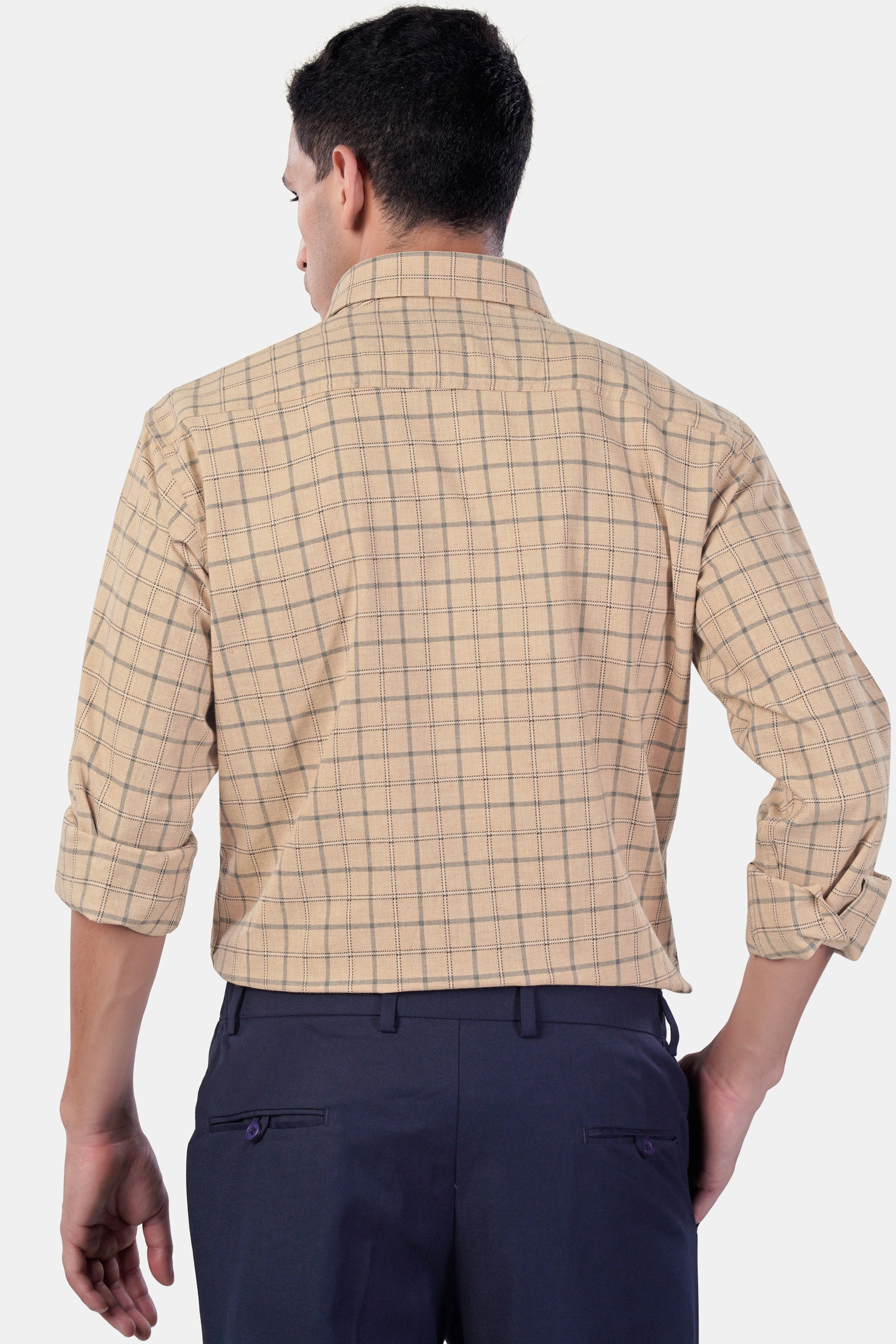 7swords-Tan Brown and Regent Gray Checkered Premium Cotton Shirt