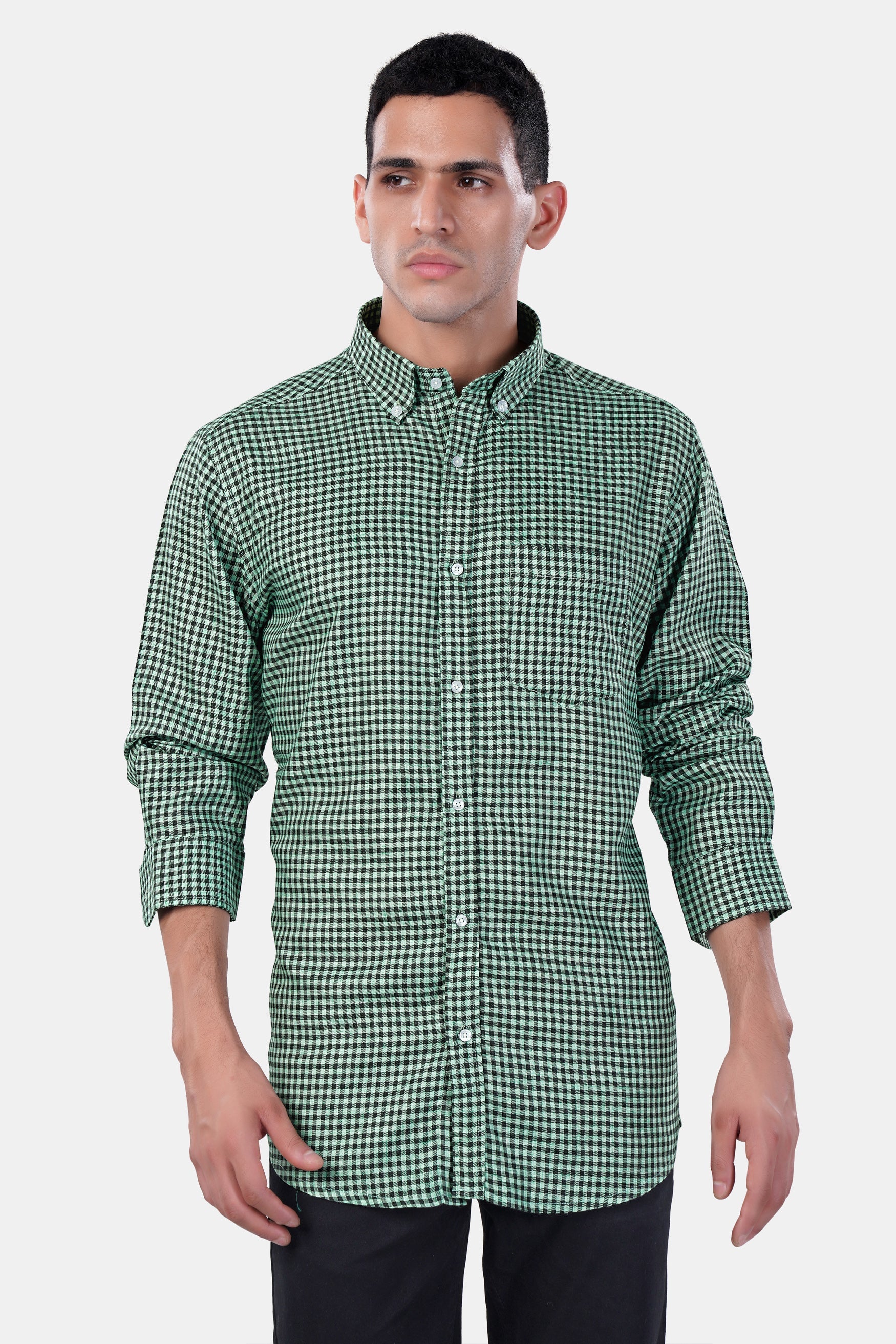 7swords-Cascade Green and Baltic Sea Blue Gingham Checkered Premium Cotton Button Down Shirt