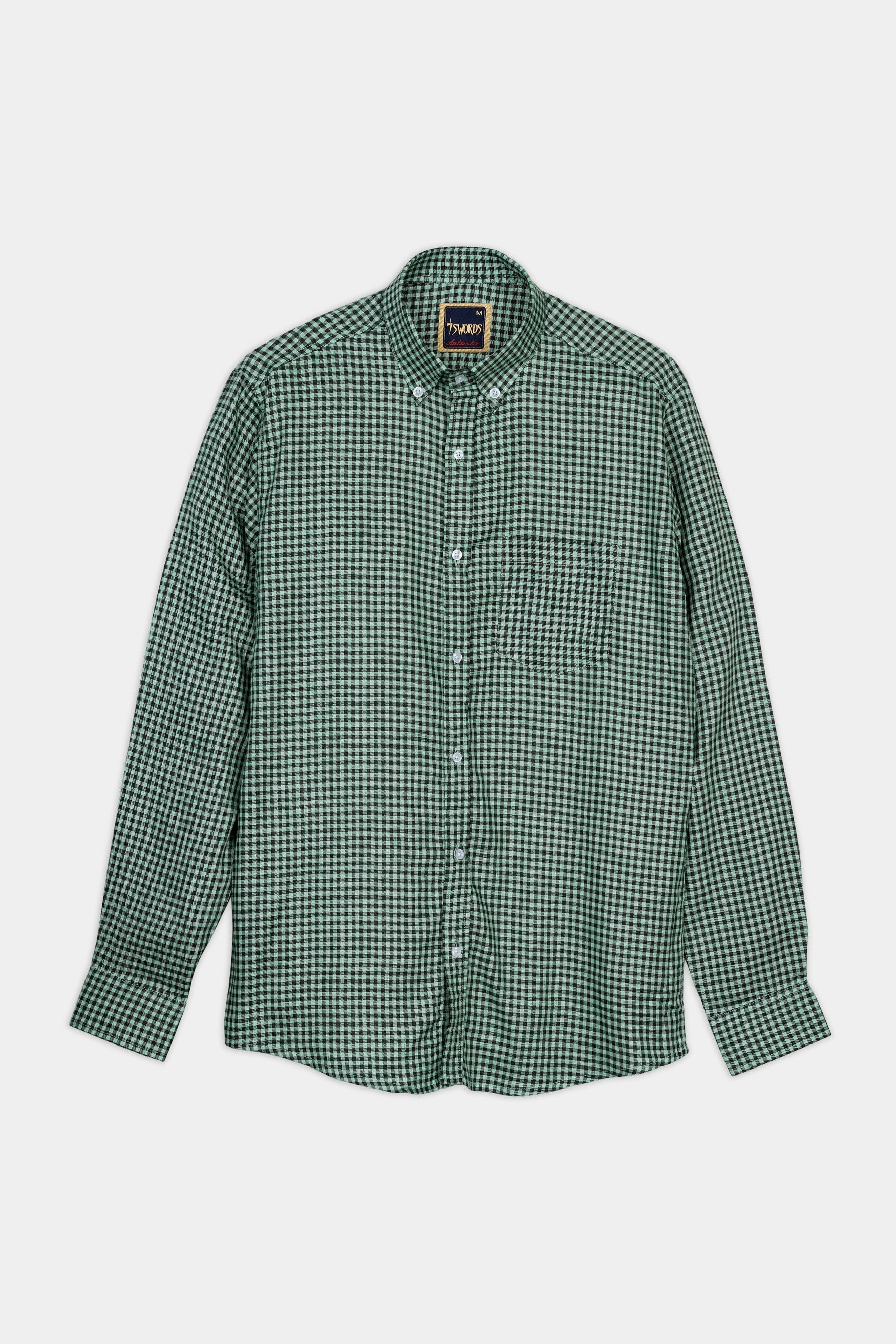 7swords-Cascade Green and Baltic Sea Blue Gingham Checkered Premium Cotton Button Down Shirt