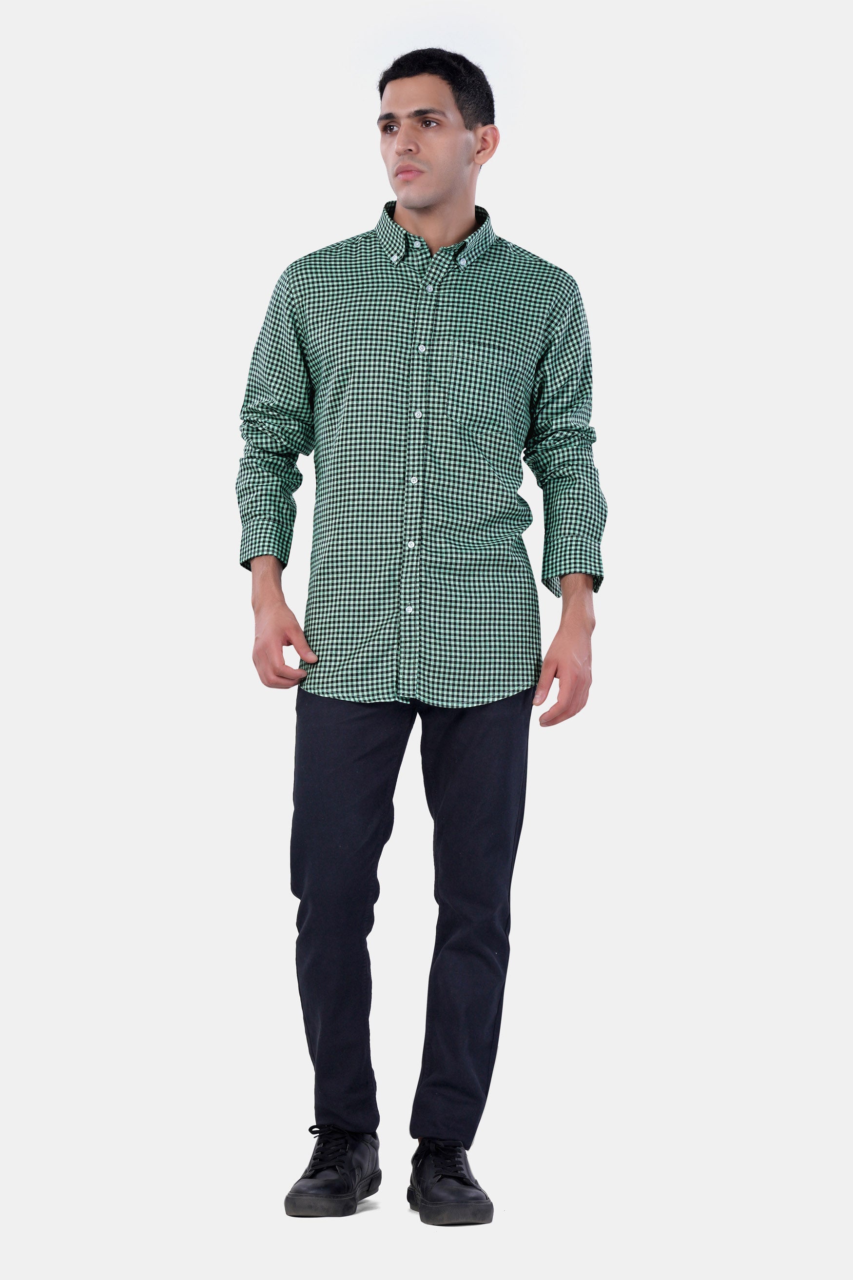 7swords-Cascade Green and Baltic Sea Blue Gingham Checkered Premium Cotton Button Down Shirt