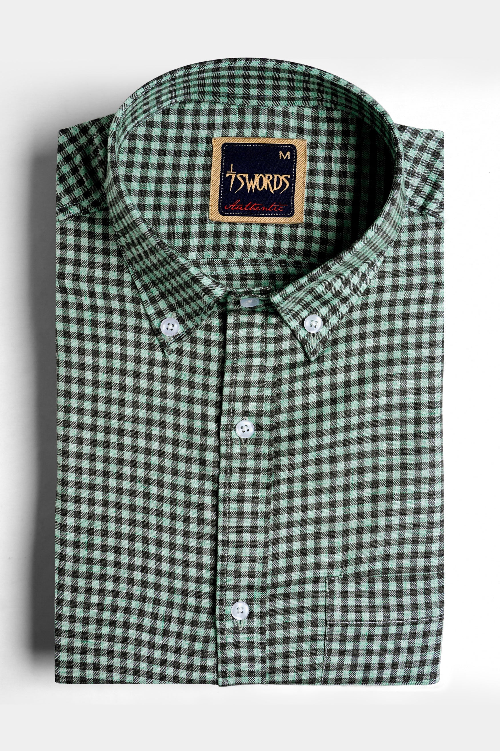 7swords-Cascade Green and Baltic Sea Blue Gingham Checkered Premium Cotton Button Down Shirt