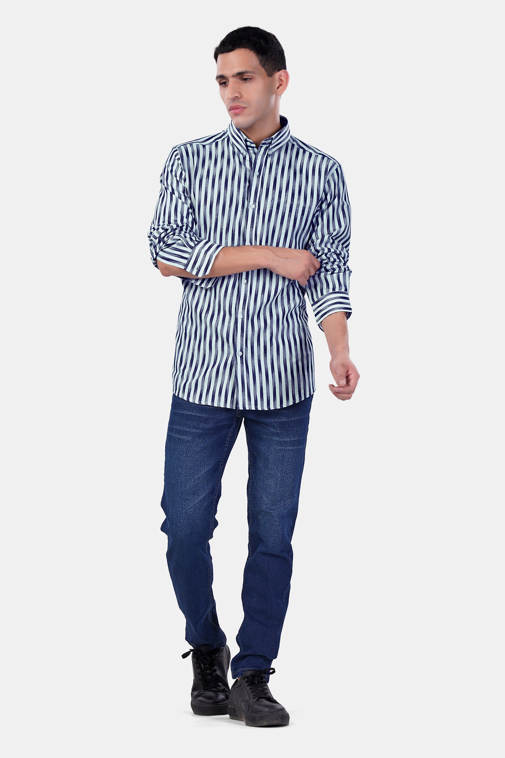 7swords-Ziggurat Blue and Ebony Clay Blue Striped Premium Cotton Shirt