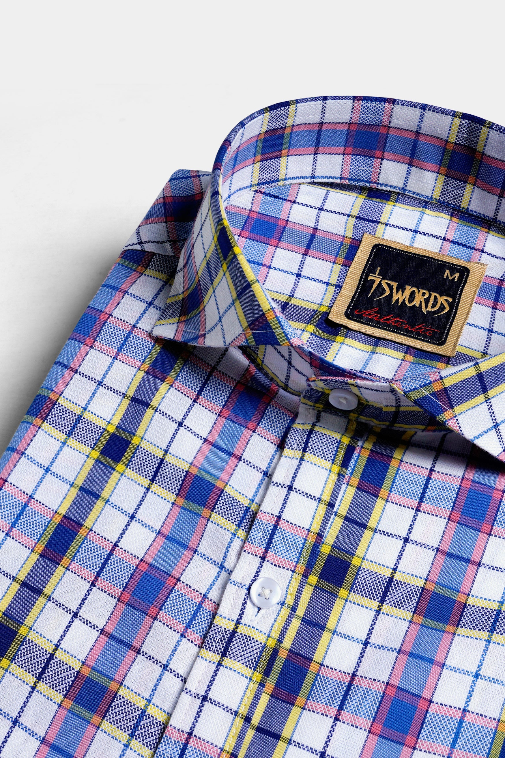 7swords-Bright White and Lapis Blue Multicolour Checkered Premium Cotton Shirt