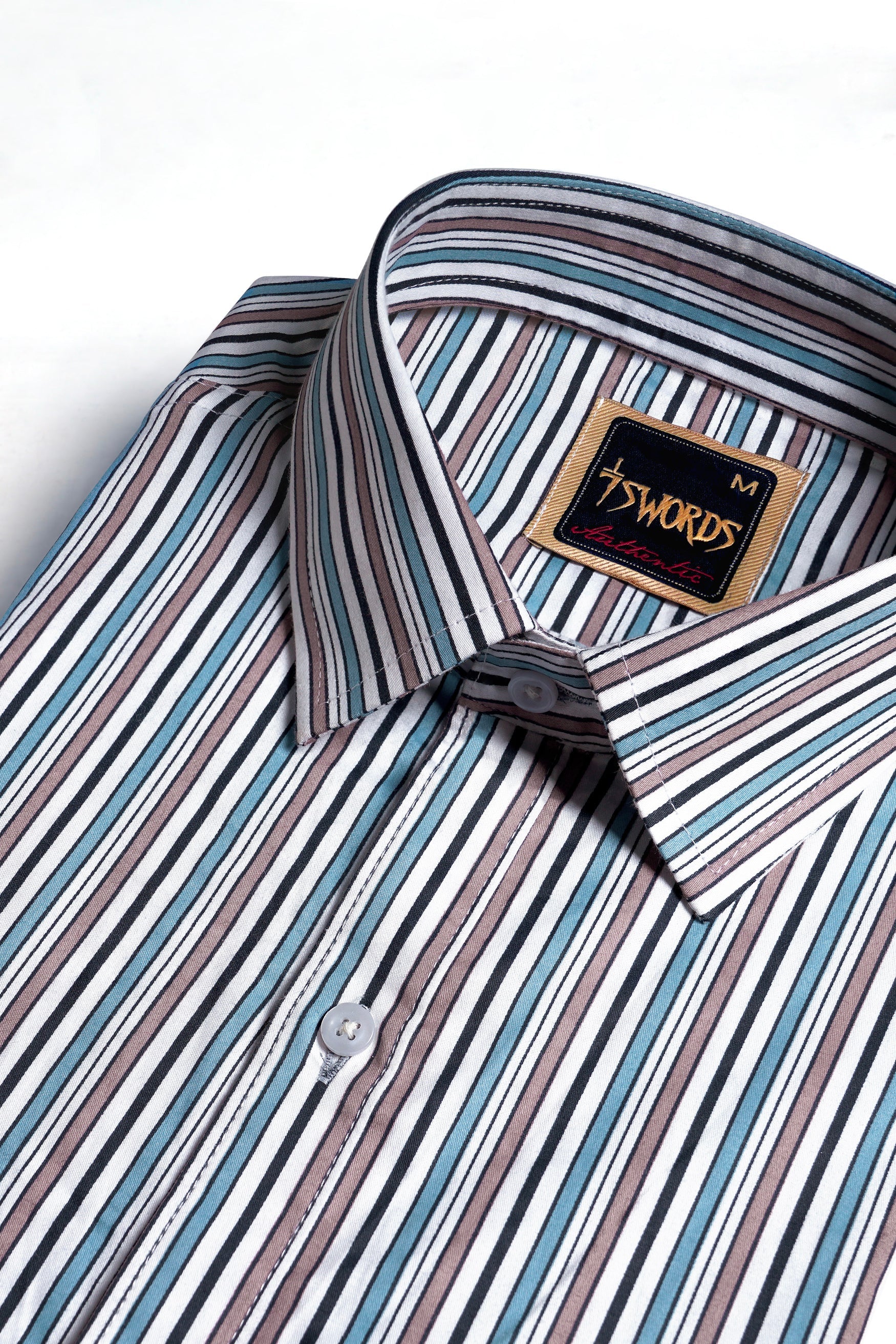 7swords-Opium Brown with White and Wedgewood Blue Multicolour Striped Premium Cotton Shirt