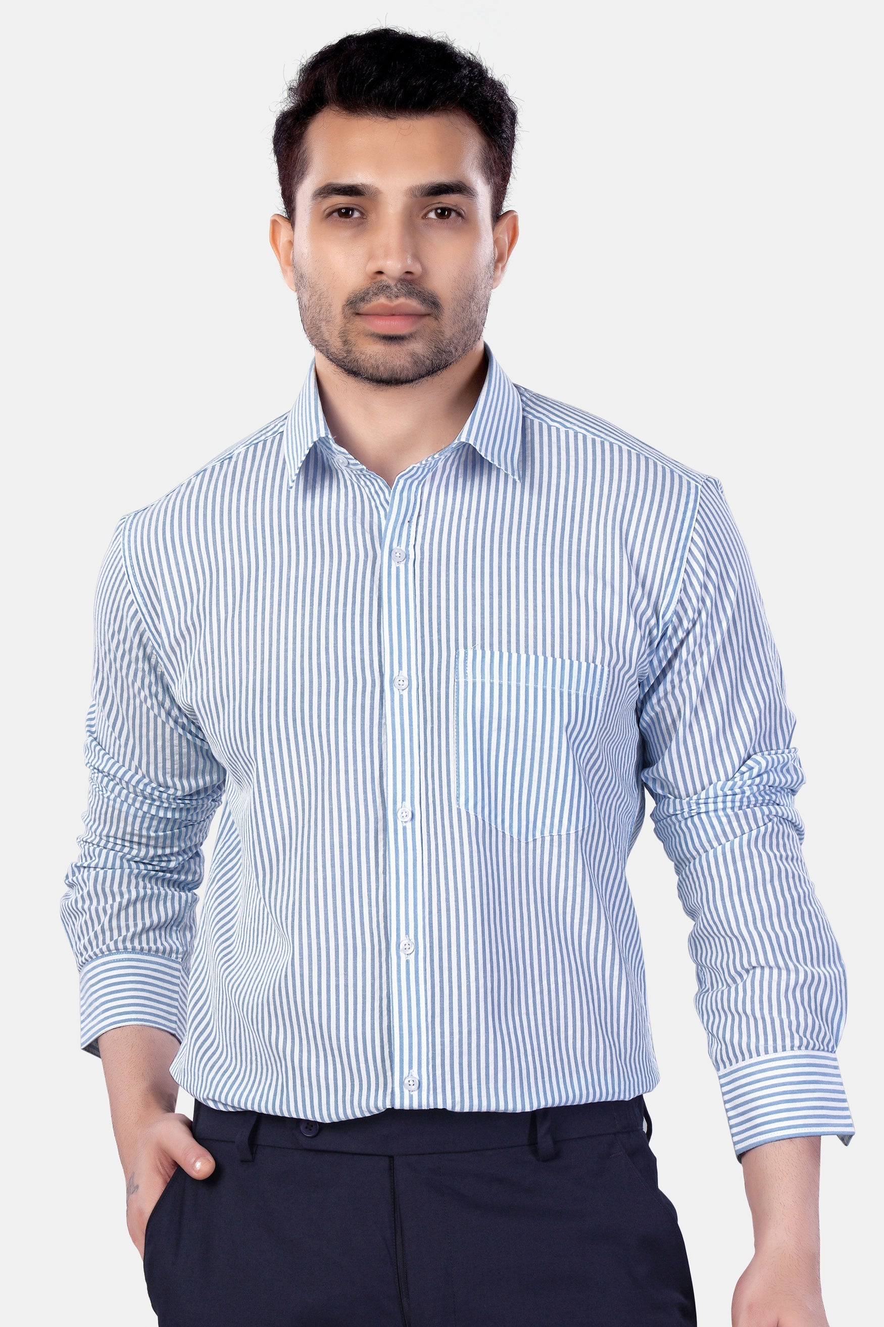 7swords-Perano Blue and White Striped Premium Cotton Shirt