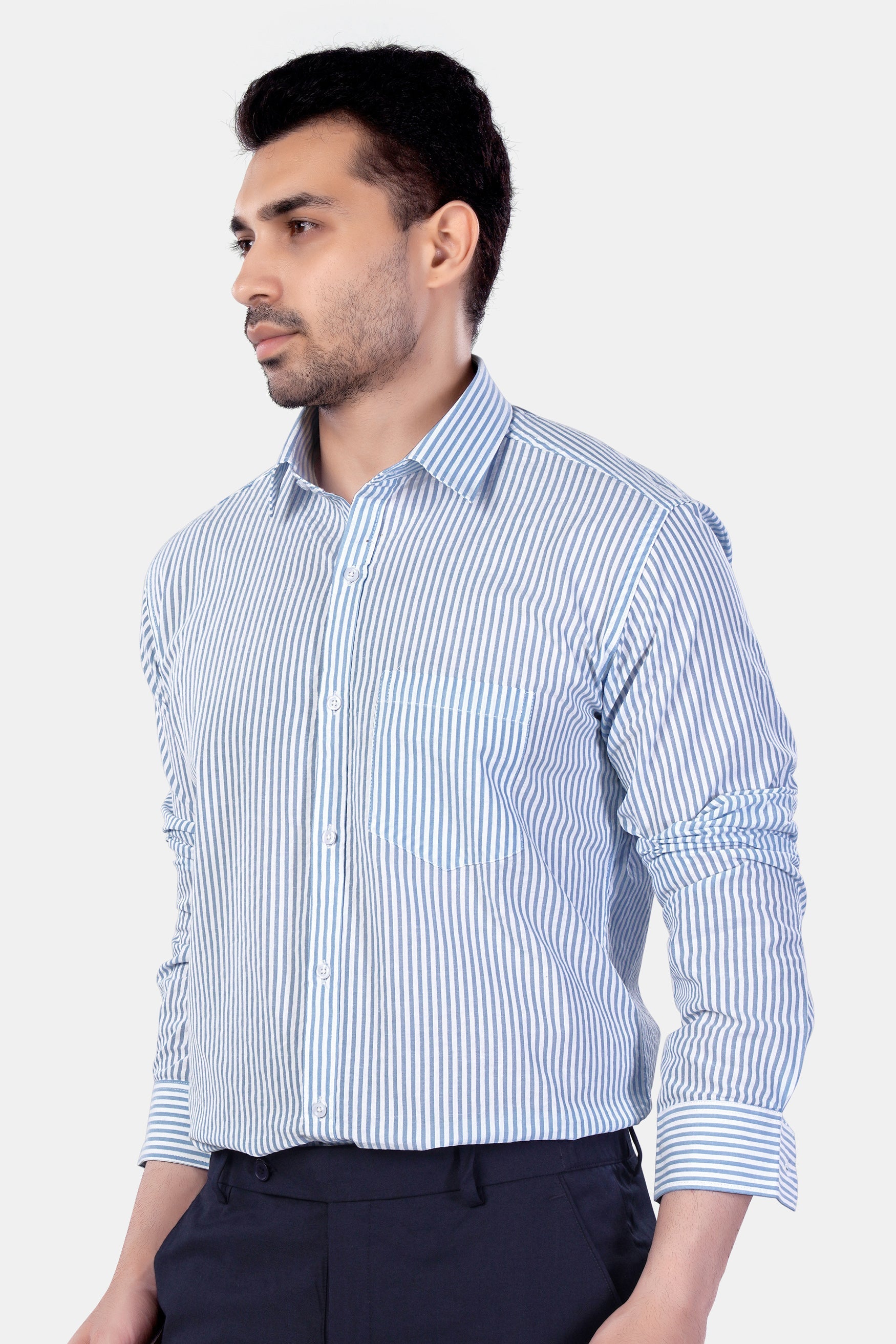 7swords-Perano Blue and White Striped Premium Cotton Shirt