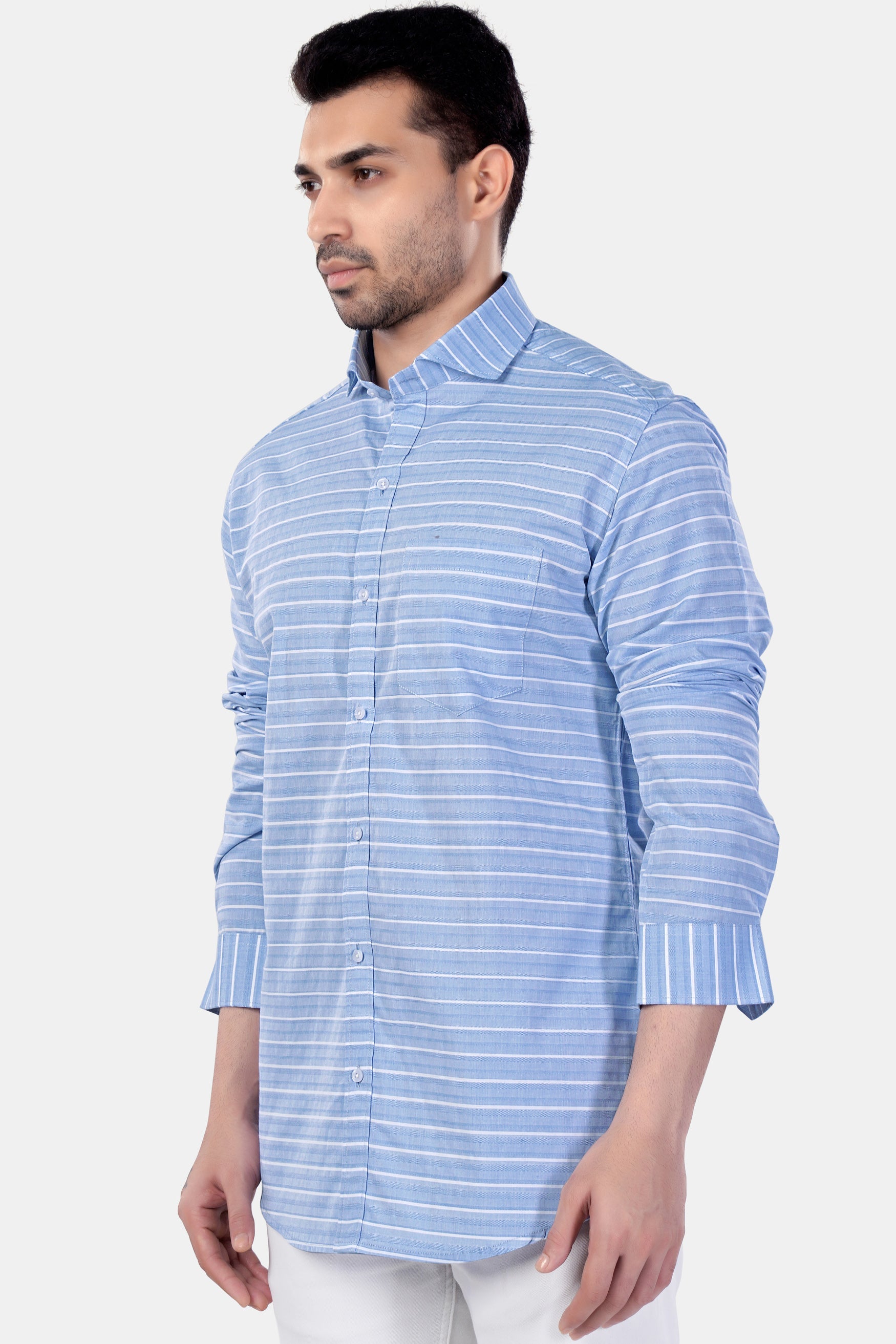 7swords-Polo Blue and White Striped Premium Cotton Shirt