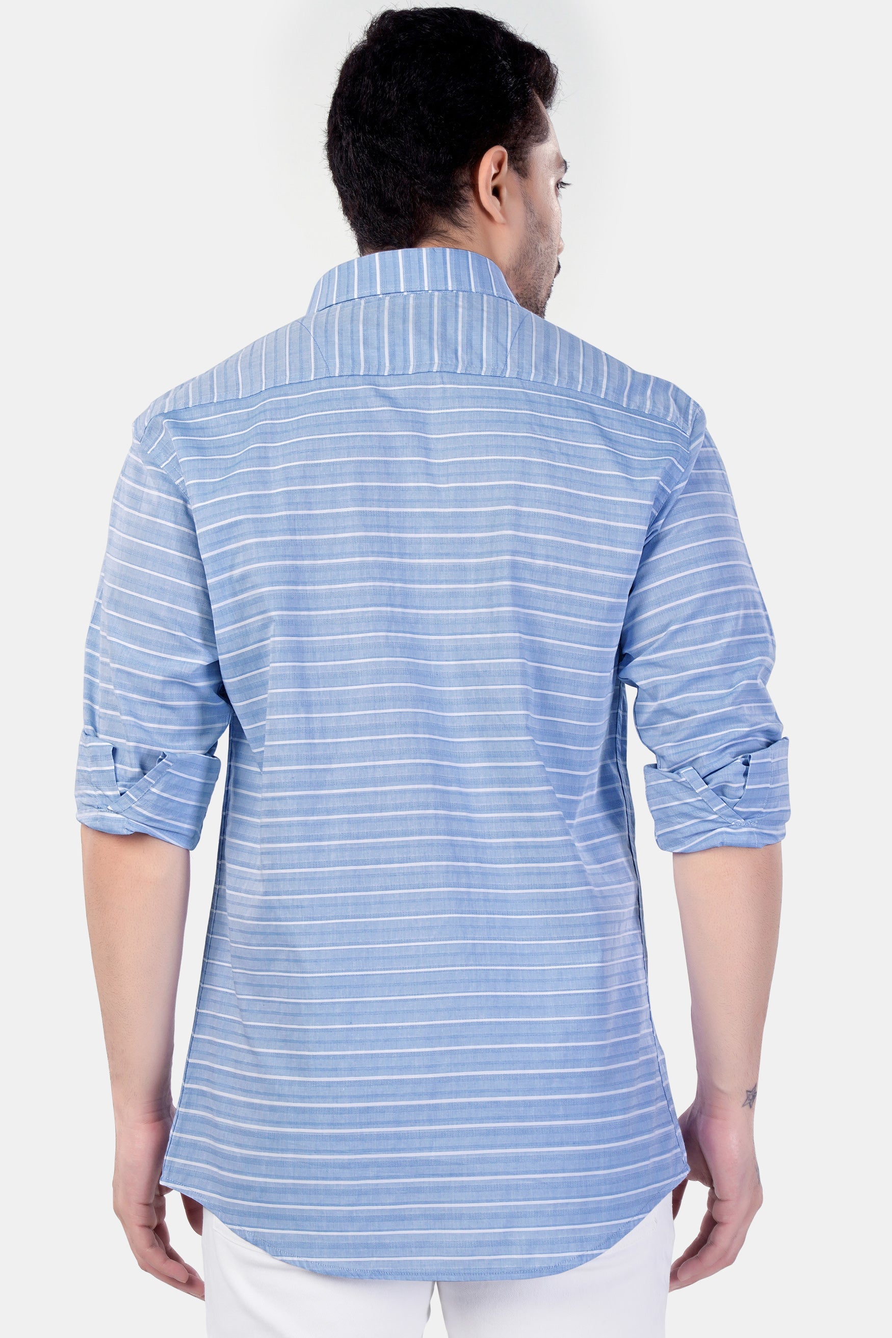 7swords-Polo Blue and White Striped Premium Cotton Shirt