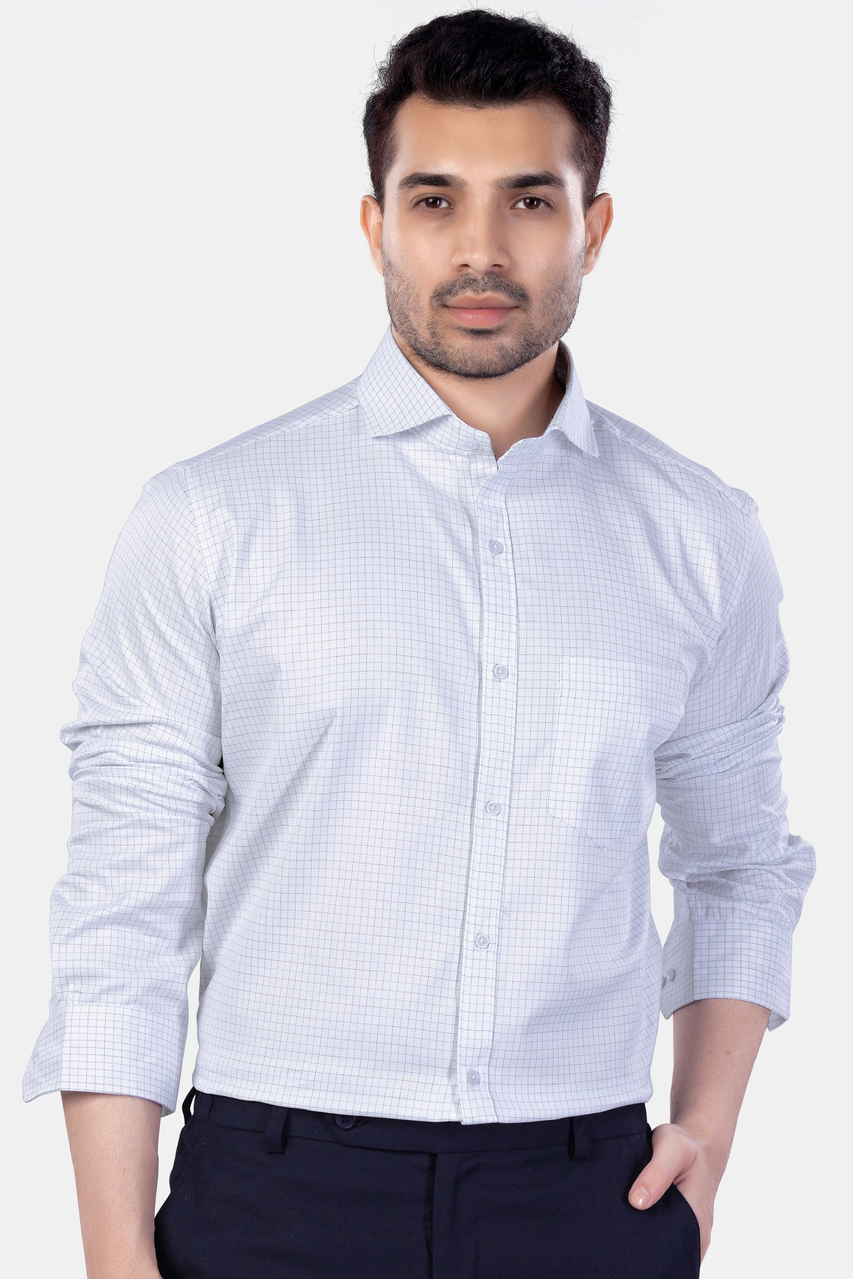 7swords-Bright White and Cloud Burst Blue Checkered Premium Cotton Shirt