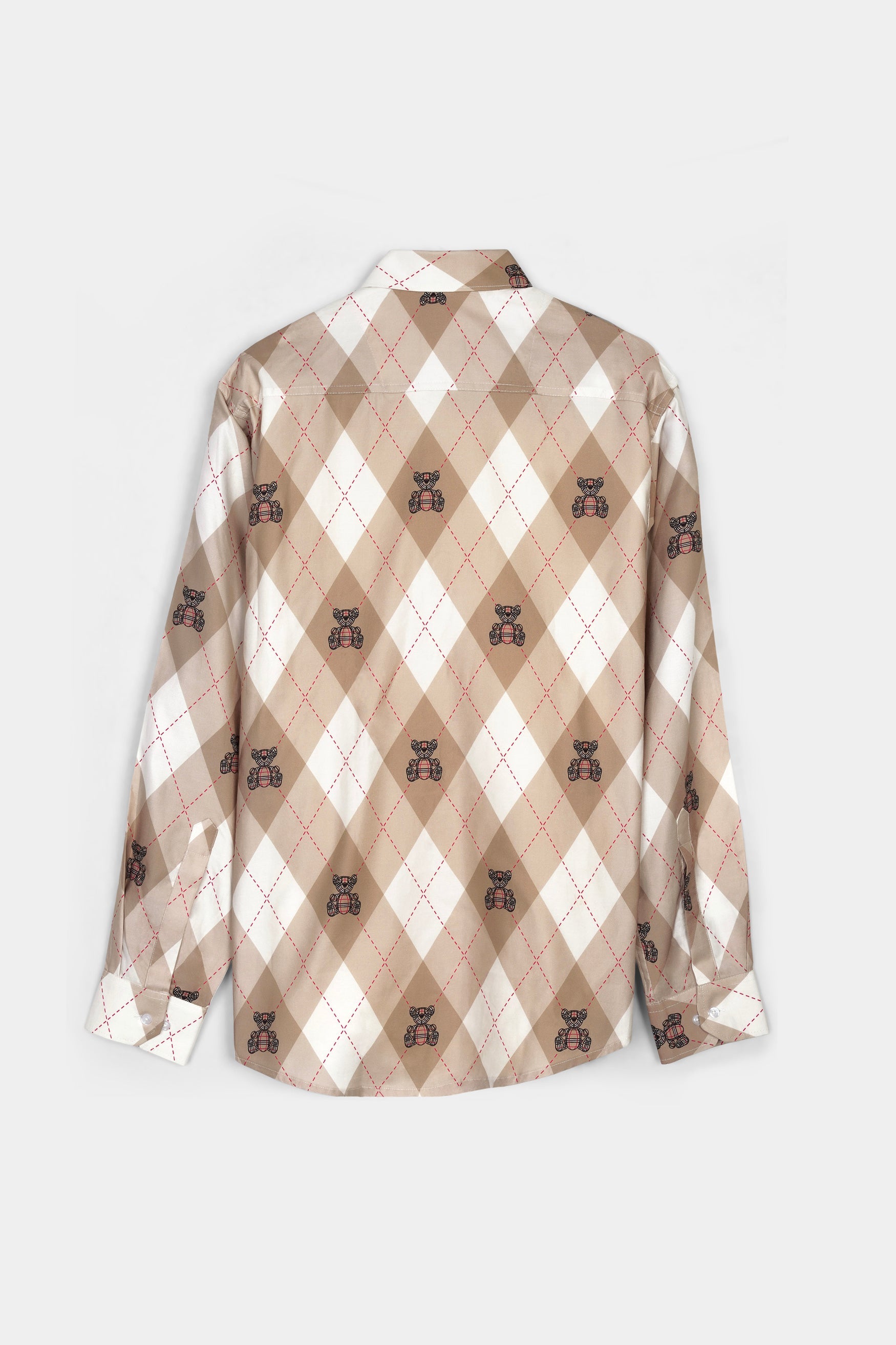 7swords-Beaver Brown and White Geometric with Teddy Bear Printed Premium Cotton Shirt