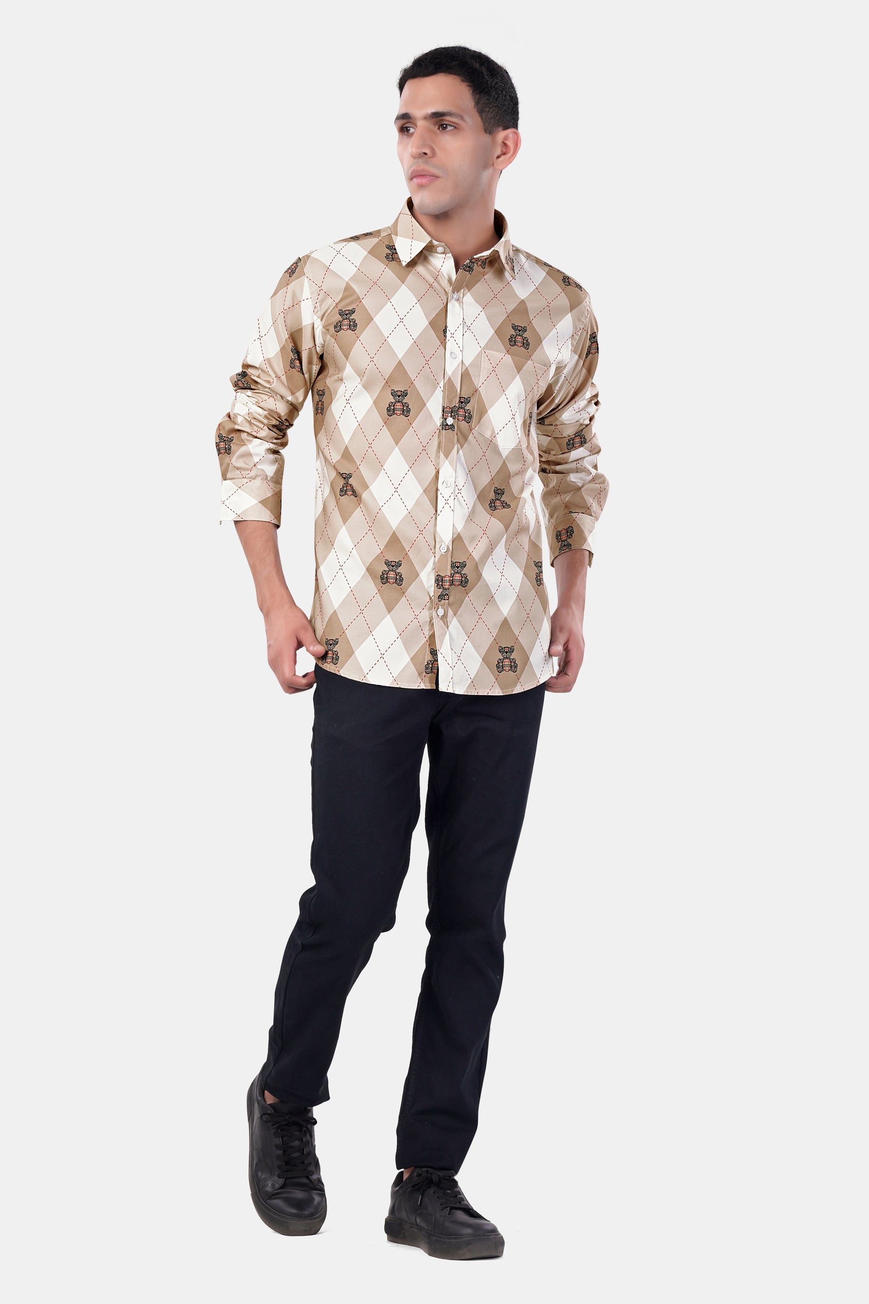 7swords-Beaver Brown and White Geometric with Teddy Bear Printed Premium Cotton Shirt