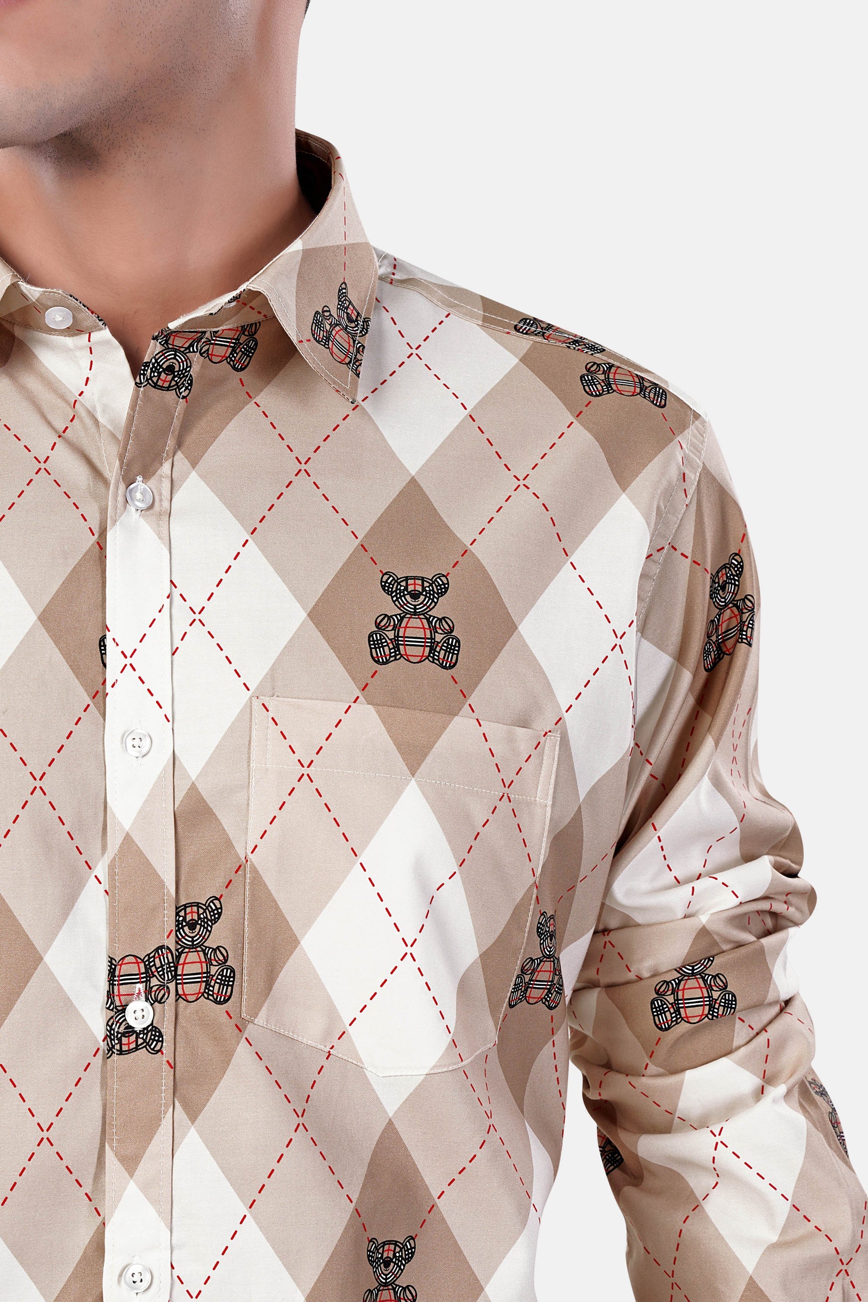 7swords-Beaver Brown and White Geometric with Teddy Bear Printed Premium Cotton Shirt