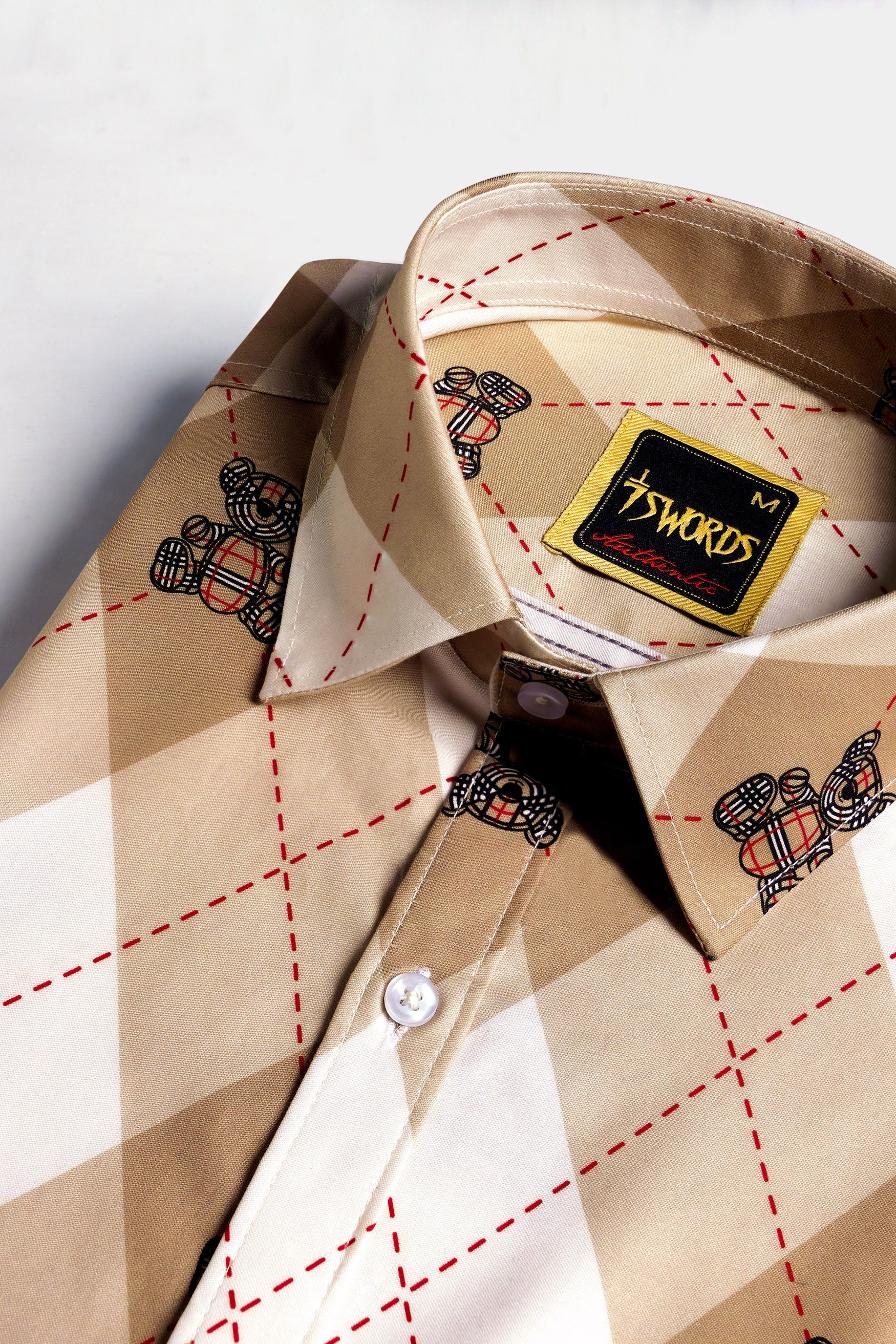 7swords-Beaver Brown and White Geometric with Teddy Bear Printed Premium Cotton Shirt