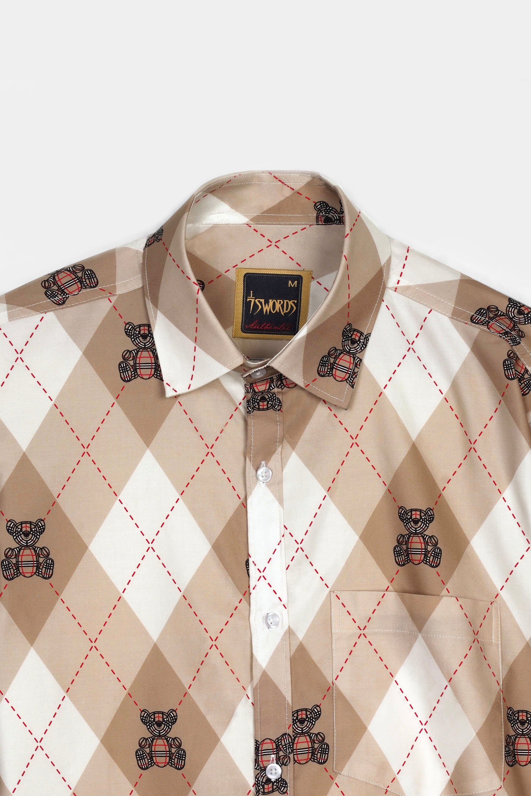 7swords-Beaver Brown and White Geometric with Teddy Bear Printed Premium Cotton Shirt