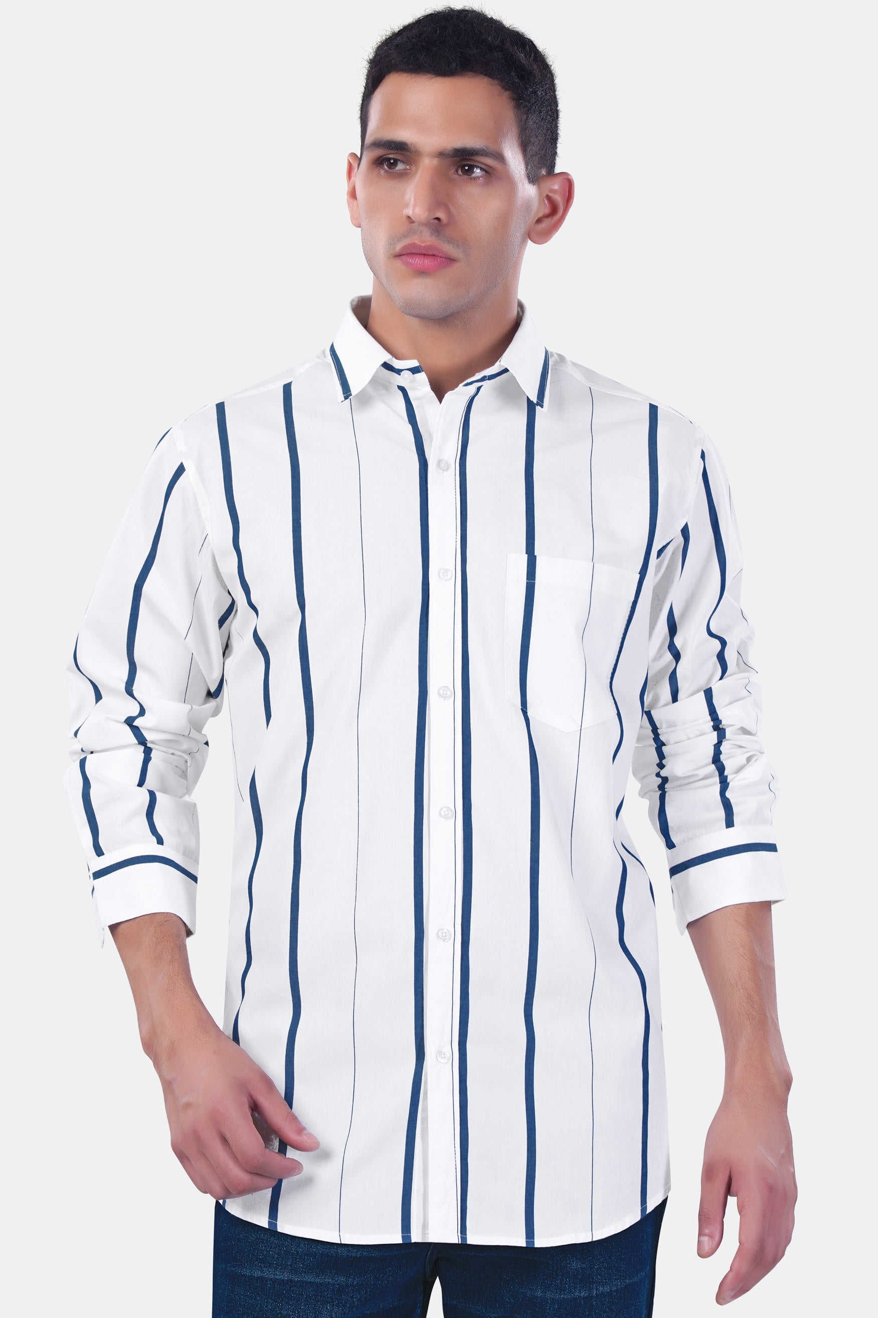 7swords-Bright White and Dusky Blue Striped Premium Cotton Shirt