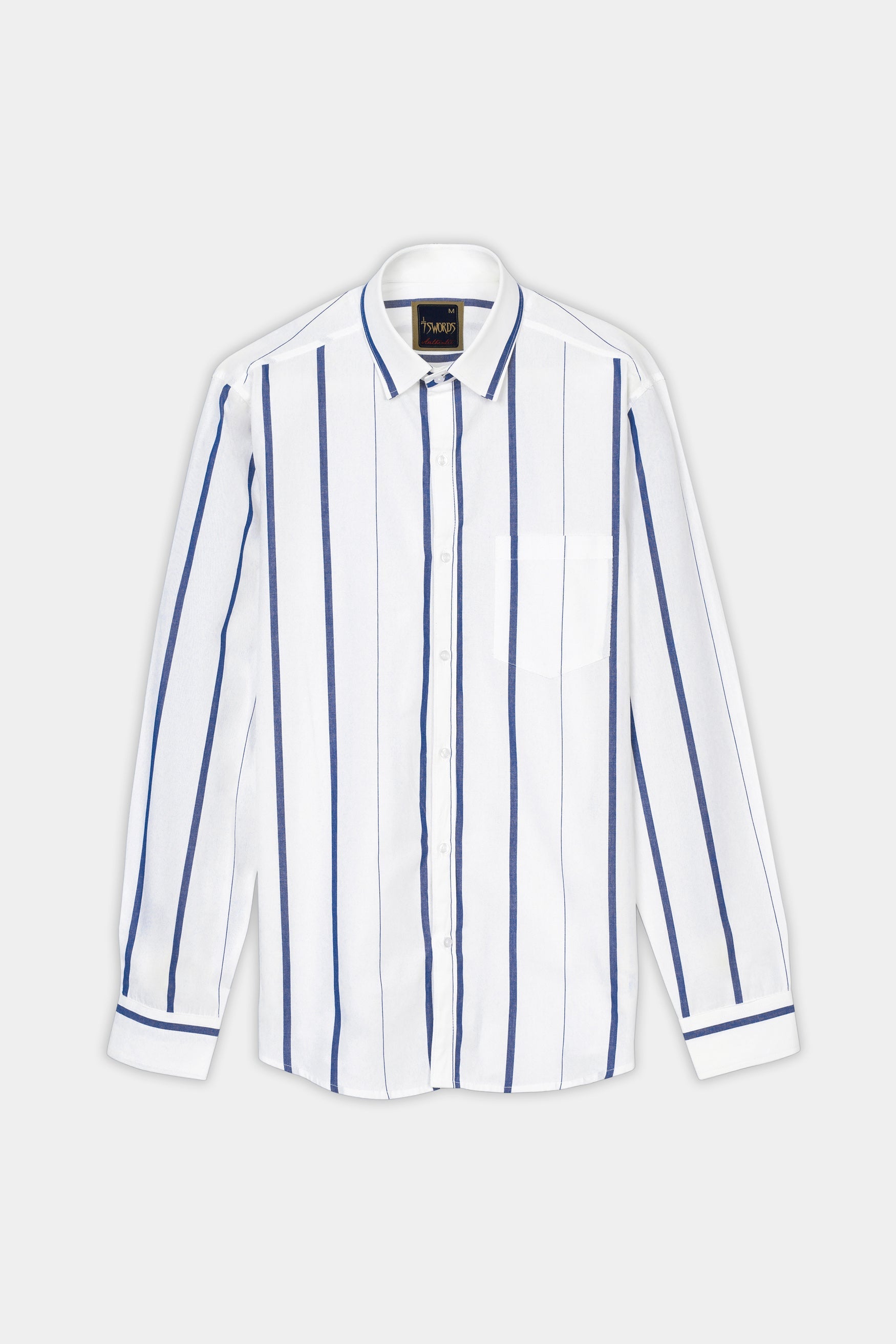 7swords-Bright White and Dusky Blue Striped Premium Cotton Shirt