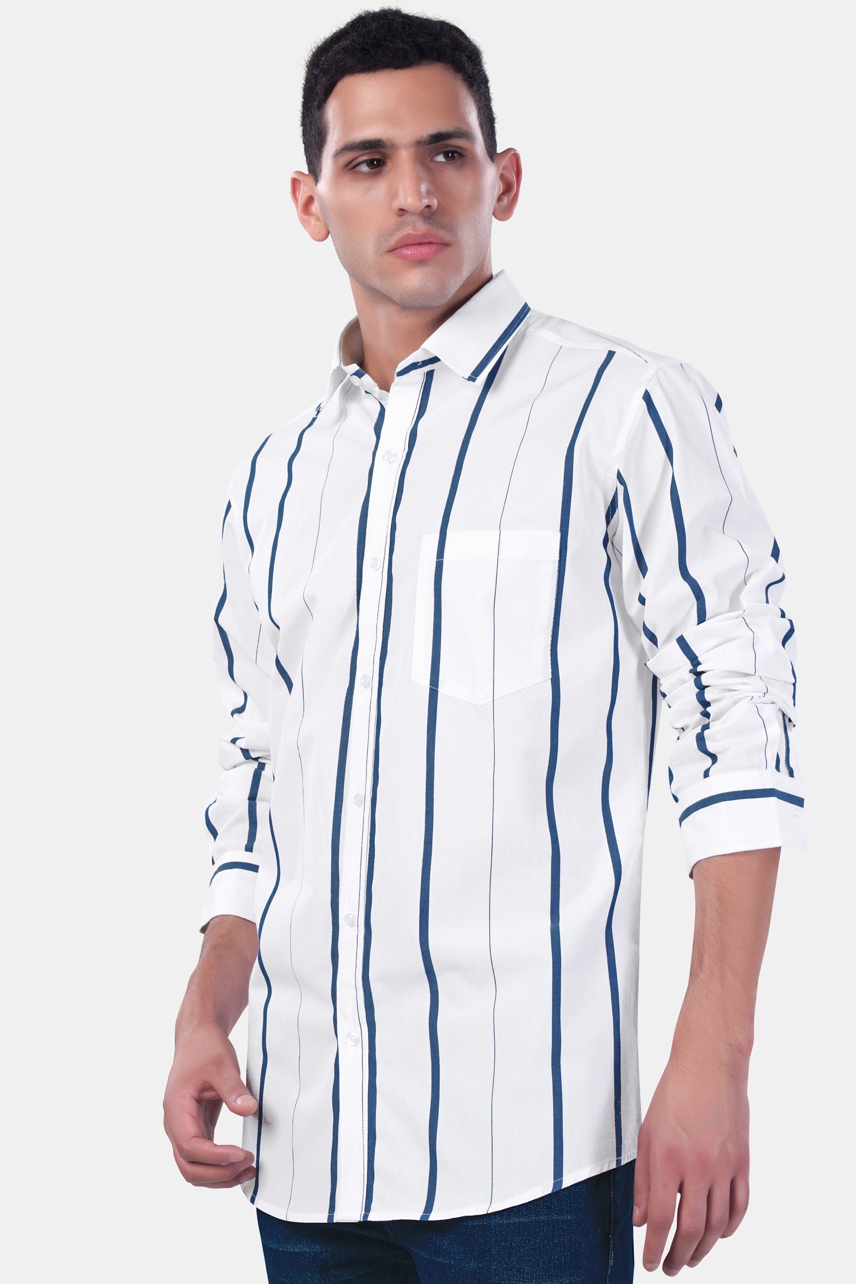 7swords-Bright White and Dusky Blue Striped Premium Cotton Shirt