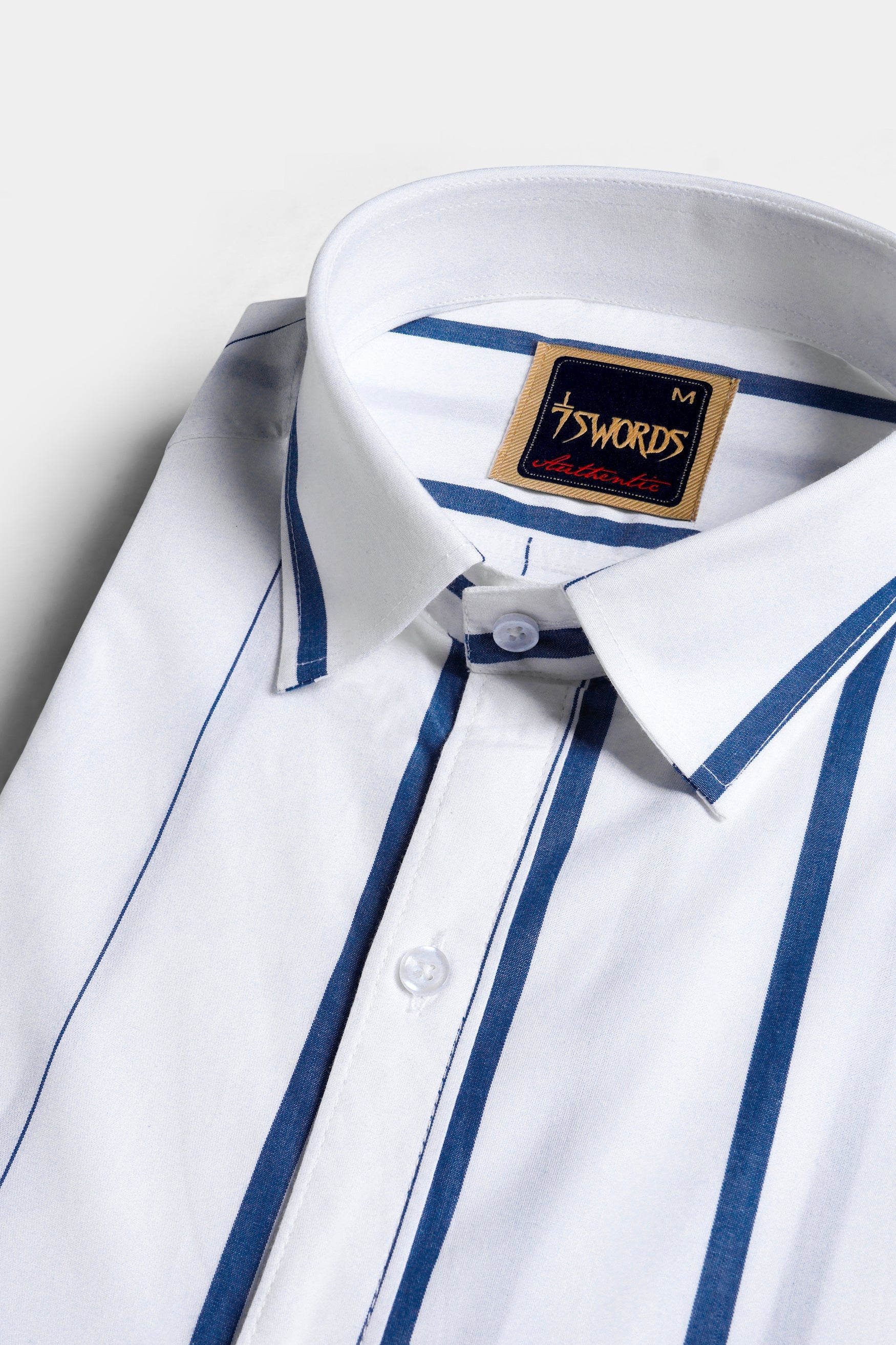 7swords-Bright White and Dusky Blue Striped Premium Cotton Shirt