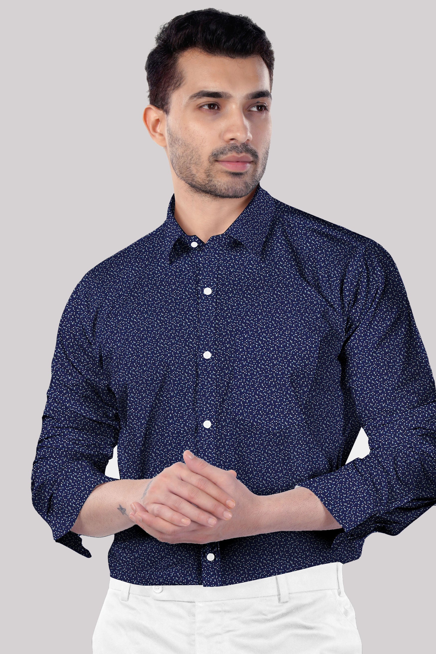 7swords-Ebony Clay Blue Microprinted Premium Cotton Mandarin Shirt