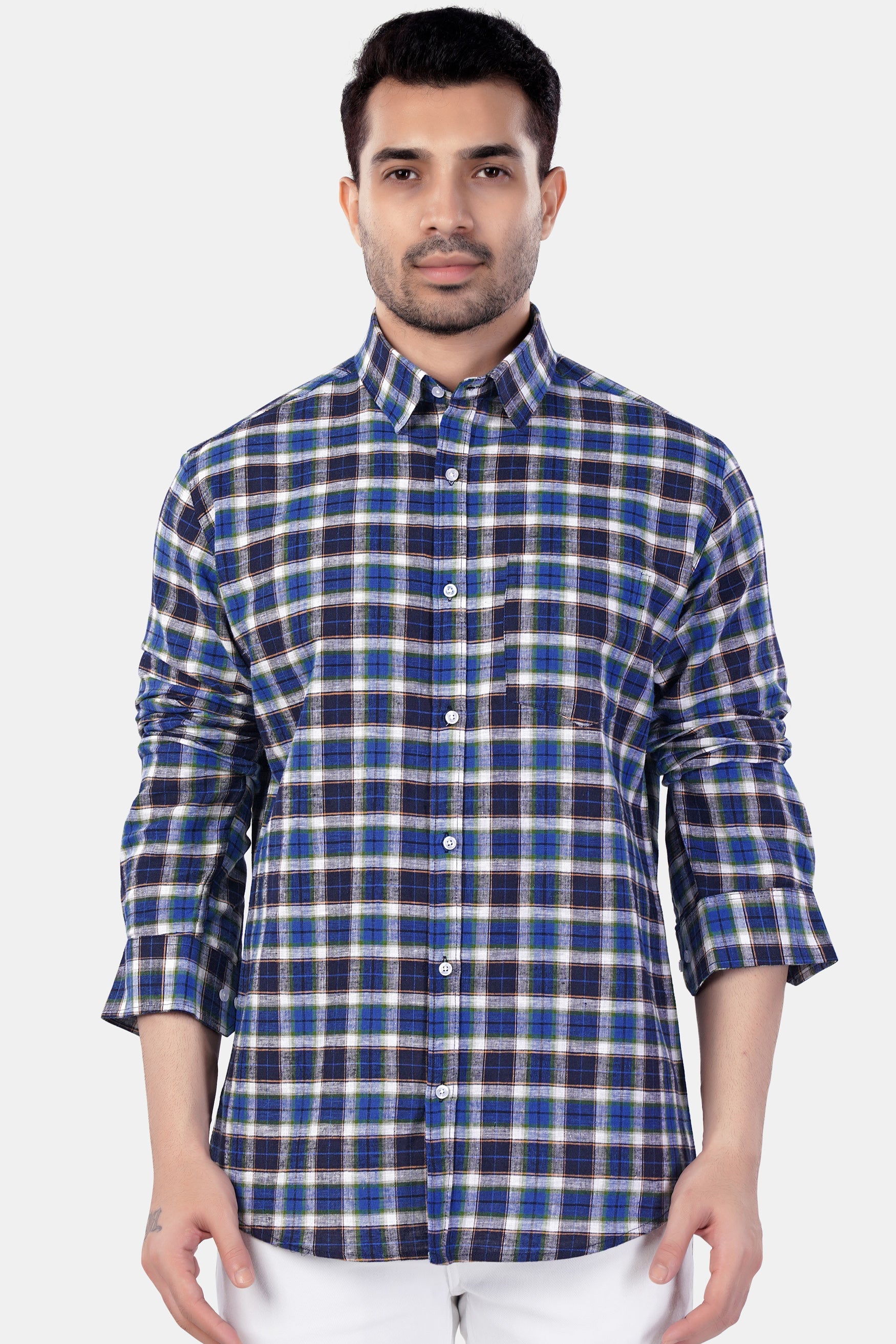 7swords-Haiti Blue with Azure Blue and White Plaid Premium Cotton Shirt