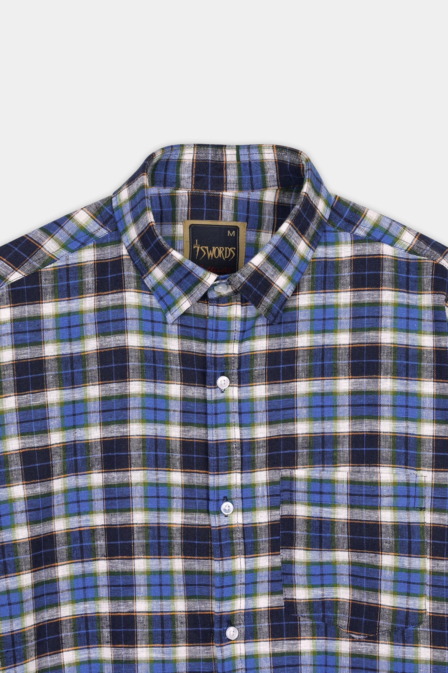 7swords-Haiti Blue with Azure Blue and White Plaid Premium Cotton Shirt