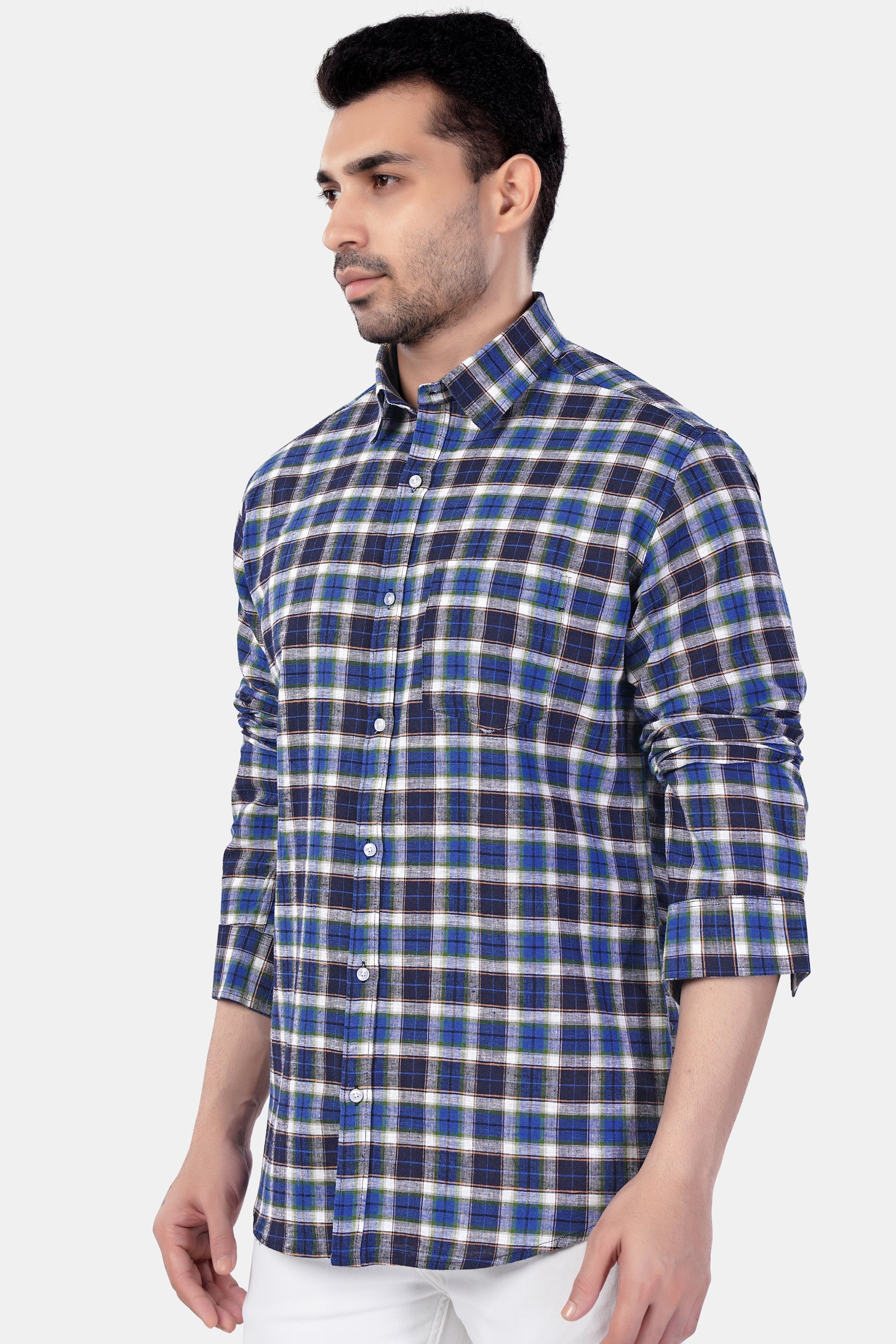 7swords-Haiti Blue with Azure Blue and White Plaid Premium Cotton Shirt