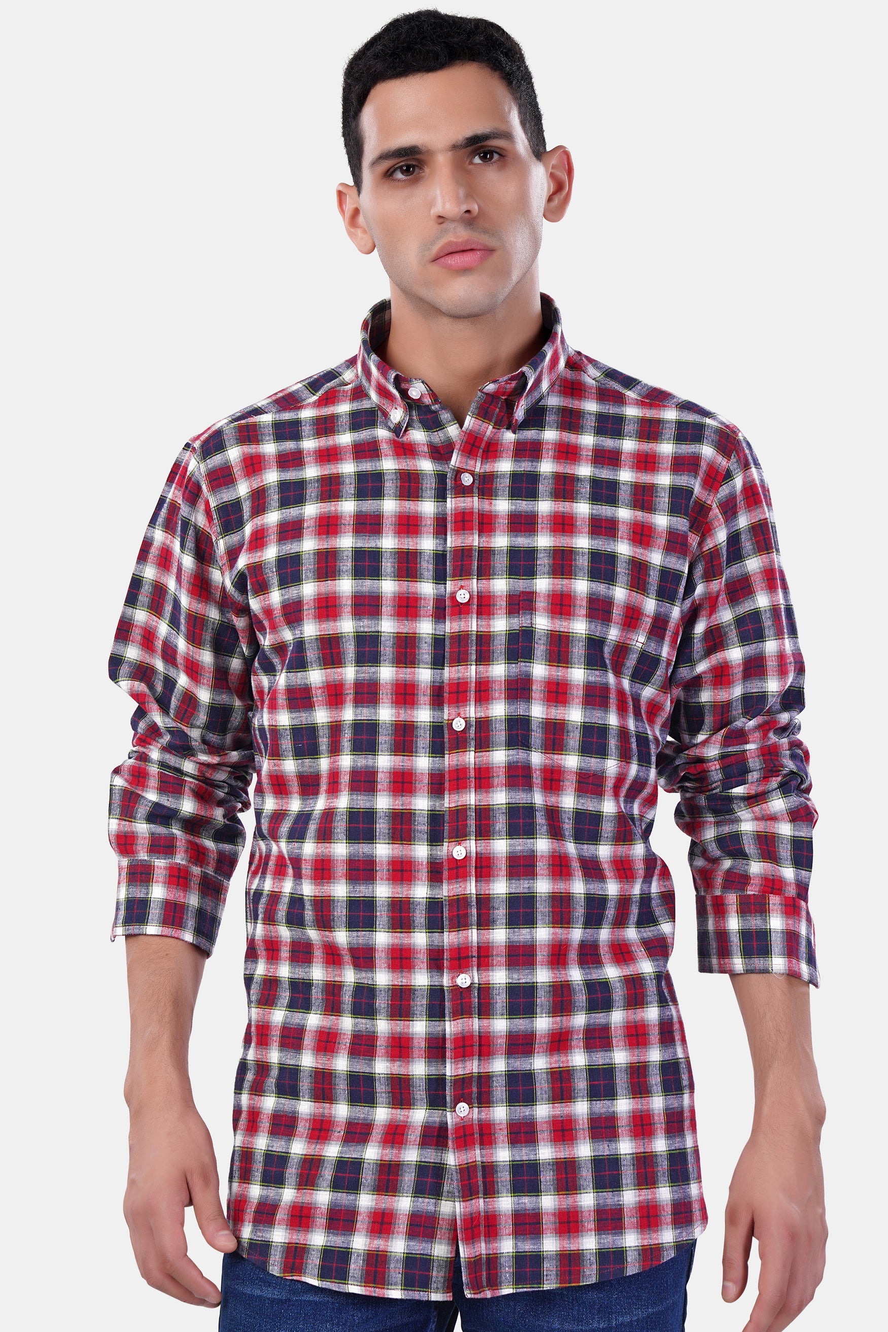 7swords-Midnight Blue with Firebrick Red and White Plaid Premium Cotton Shirt