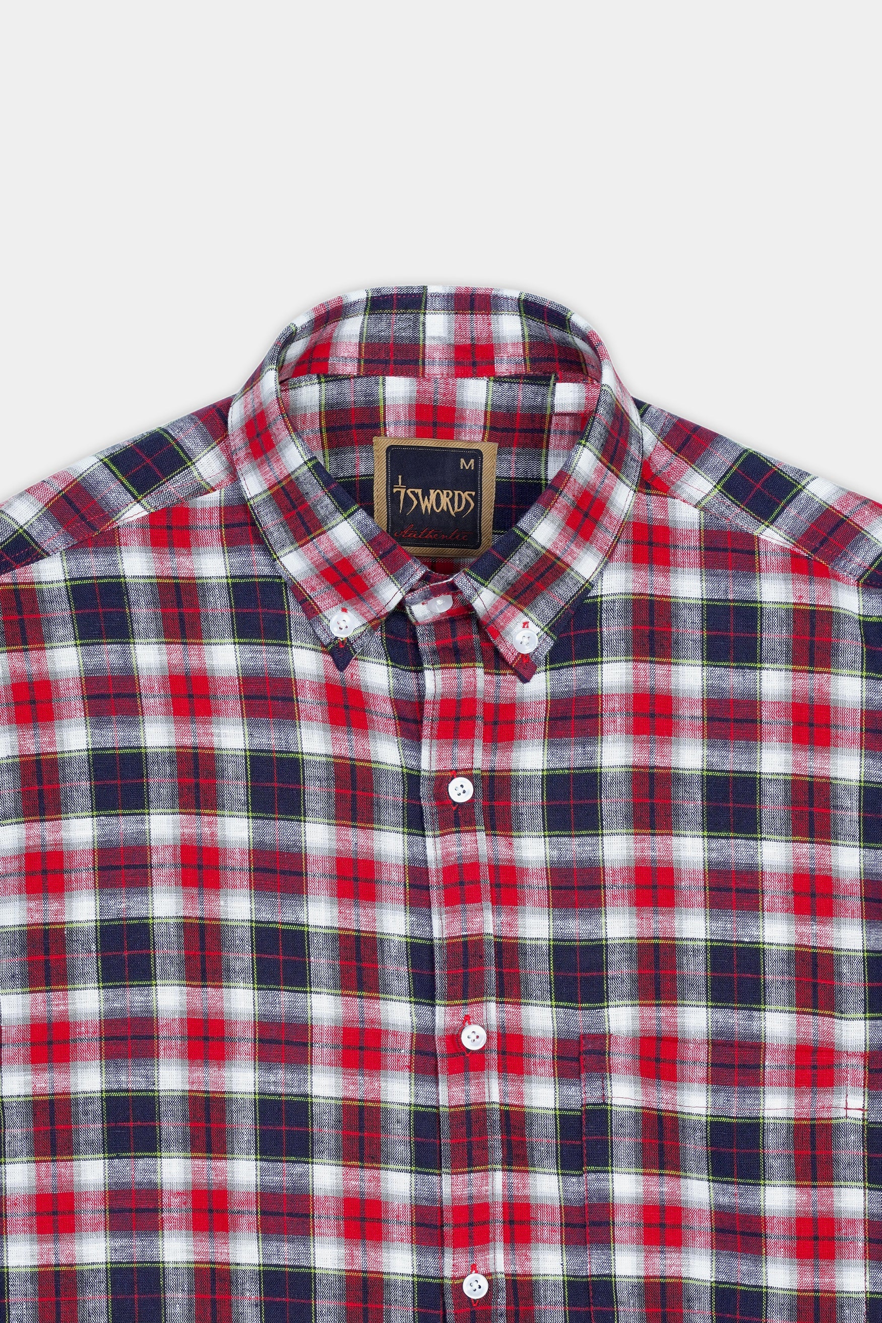 7swords-Midnight Blue with Firebrick Red and White Plaid Premium Cotton Shirt