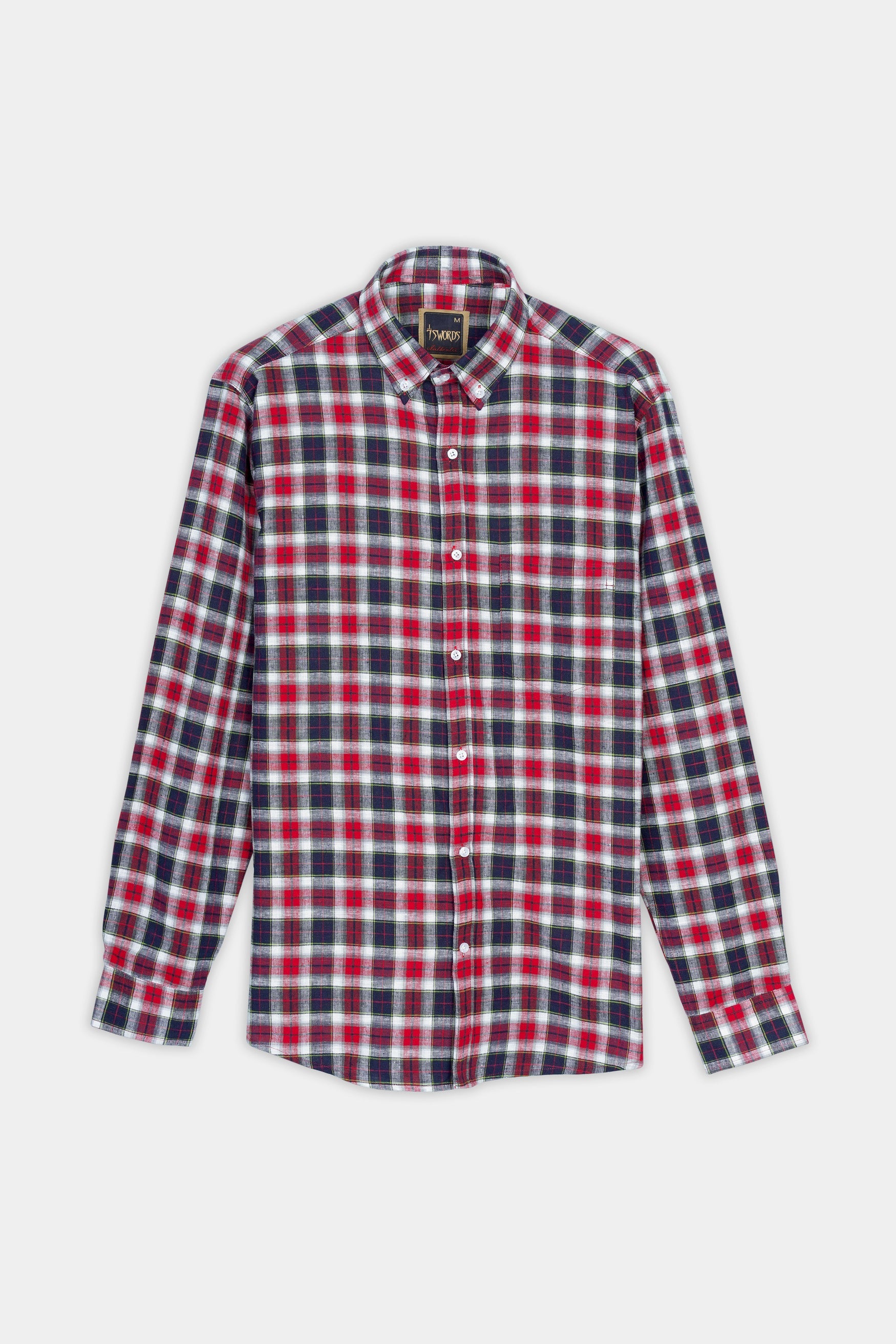 7swords-Midnight Blue with Firebrick Red and White Plaid Premium Cotton Shirt