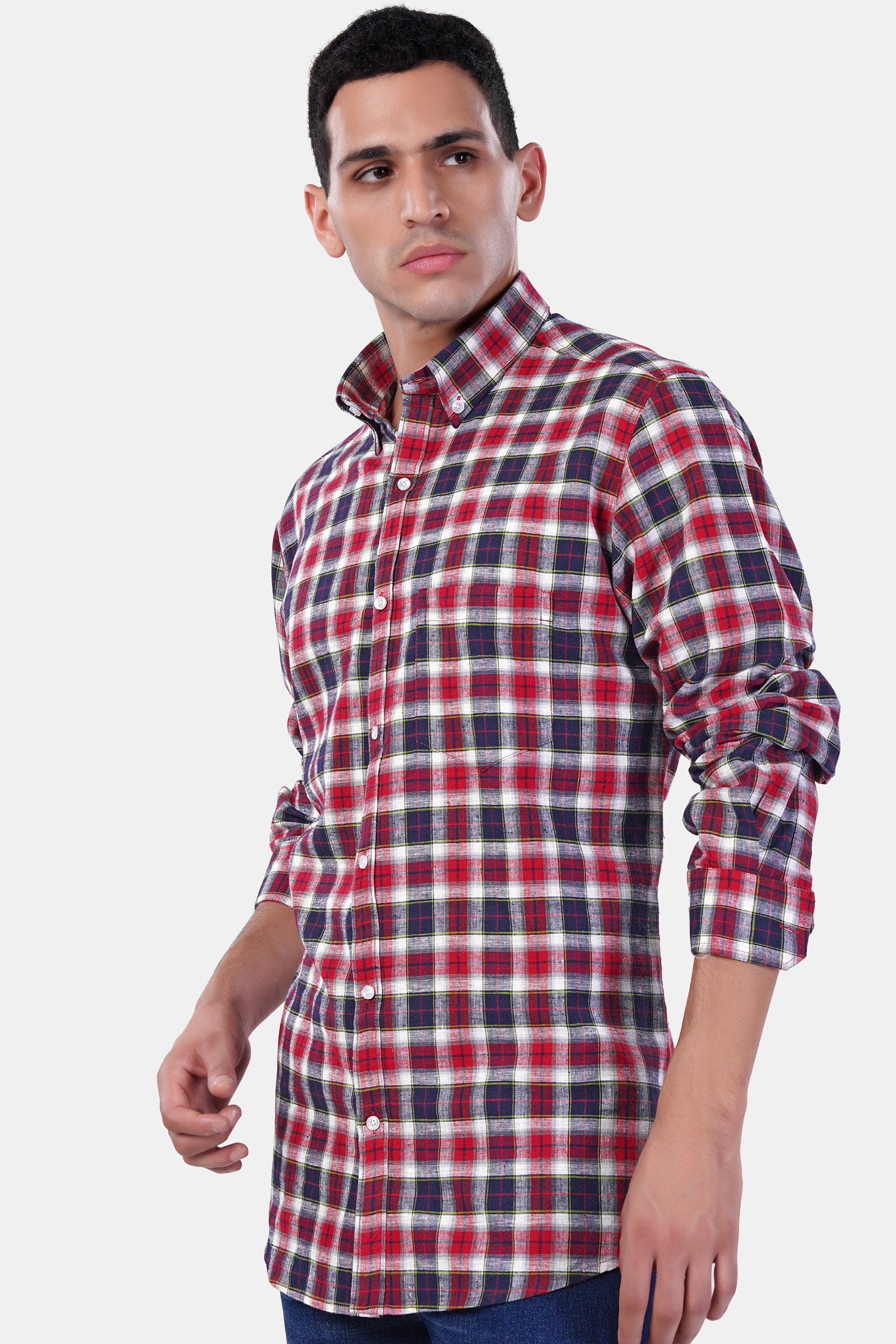 7swords-Midnight Blue with Firebrick Red and White Plaid Premium Cotton Shirt