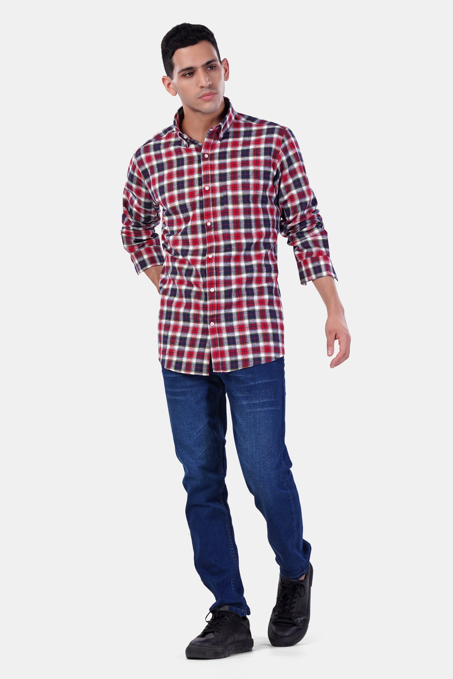 7swords-Midnight Blue with Firebrick Red and White Plaid Premium Cotton Shirt